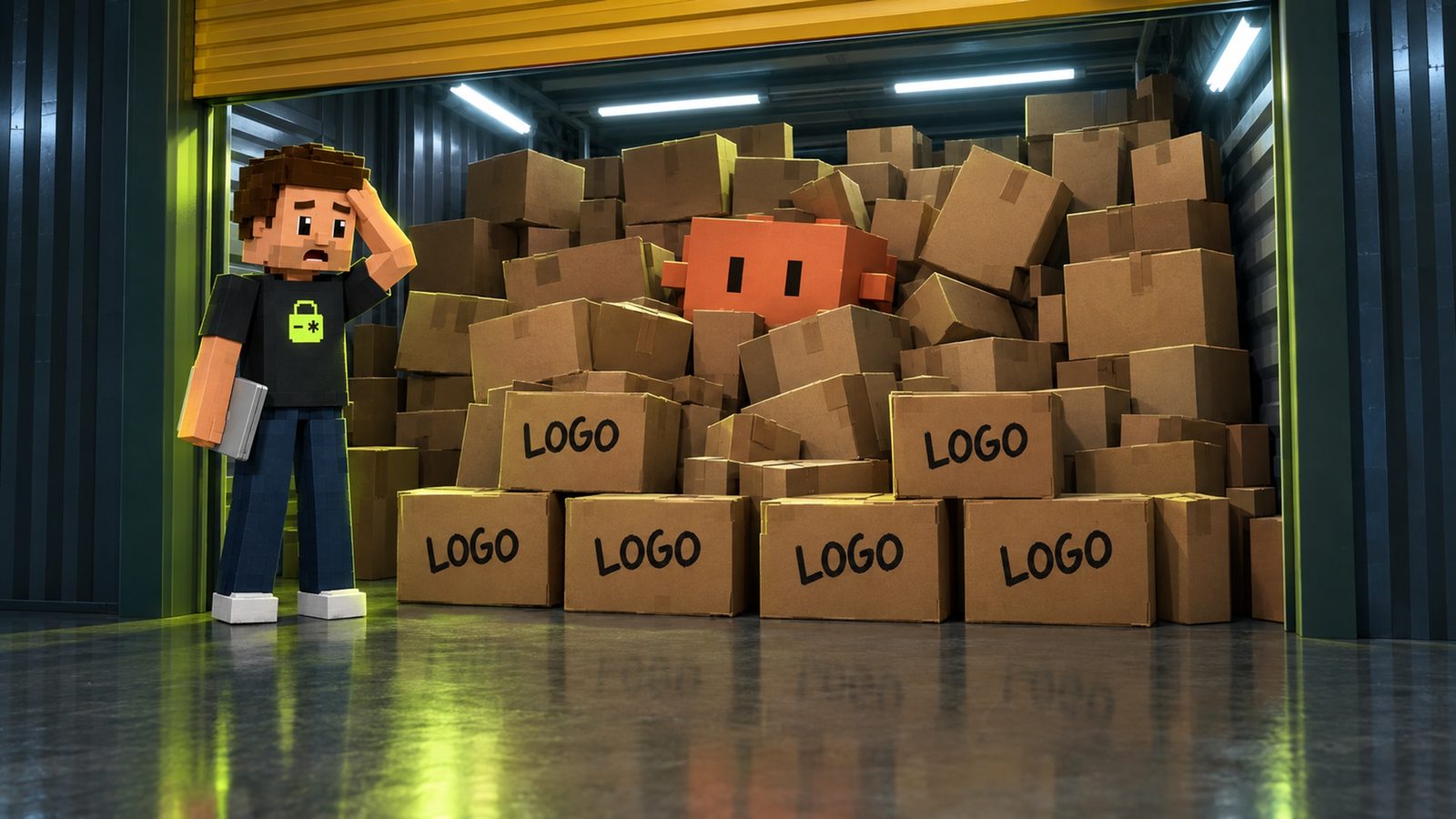 Illustration: the before shot of a hoarding show: a self-storage unit at night under a raised mustard-yellow roll-up door and fluorescent tubes, packed floor to ceiling with leaning cardboard boxes, six at the front marked LOGO in black marker; Claude, a terracotta-orange clay block with two black eye slits, is buried up to his eyes in the middle; Aster stands in the doorway with a hand on his head, shocked, his closed silver laptop at his side and the lime lock on his black shirt visible.
