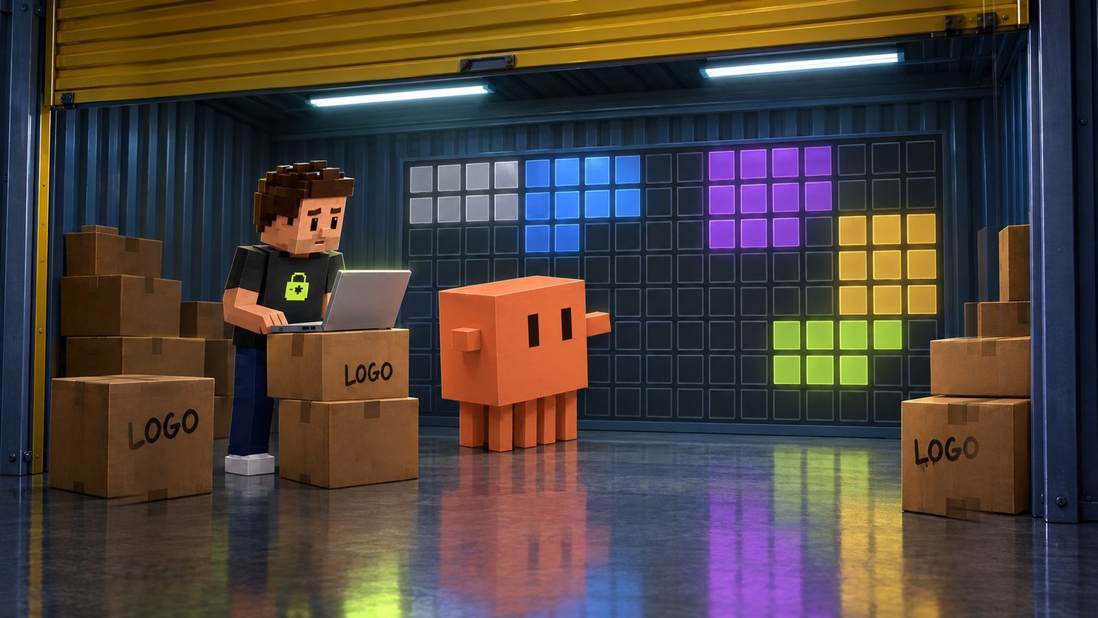 Illustration: inside the storage unit, one corrugated wall has become a glowing grid of square tiles in grey, blue, purple, gold and lime, many still dark and empty, like a colour-coded inventory chart; Claude, the orange clay block, points at it with a side nub like a host; Aster studies it with his silver laptop open on a cardboard box marked LOGO, the lime lock on his shirt visible.