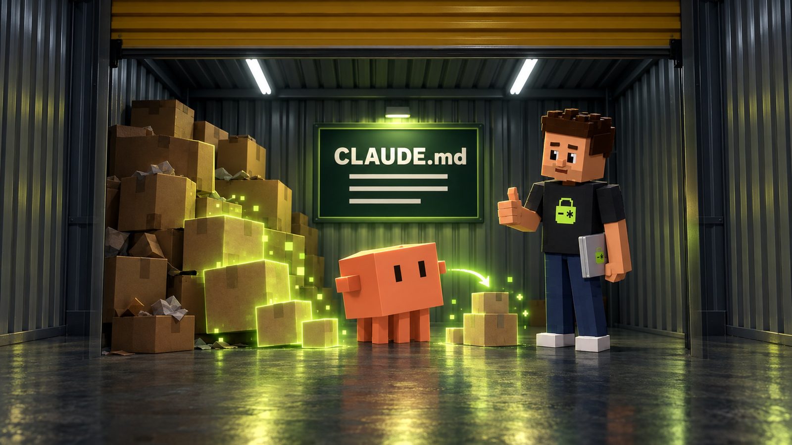 Illustration: on the back wall of the storage unit hangs a dark green framed sign reading CLAUDE.md with three white lines under it, lit by its own small lamp; on the left a pile of boxes shrinks in a lime glow; Claude, the orange clay block, stands in front of the sign, reassured; Aster gives a thumbs up on the right, his closed silver laptop at his side and the lime lock on his shirt visible.