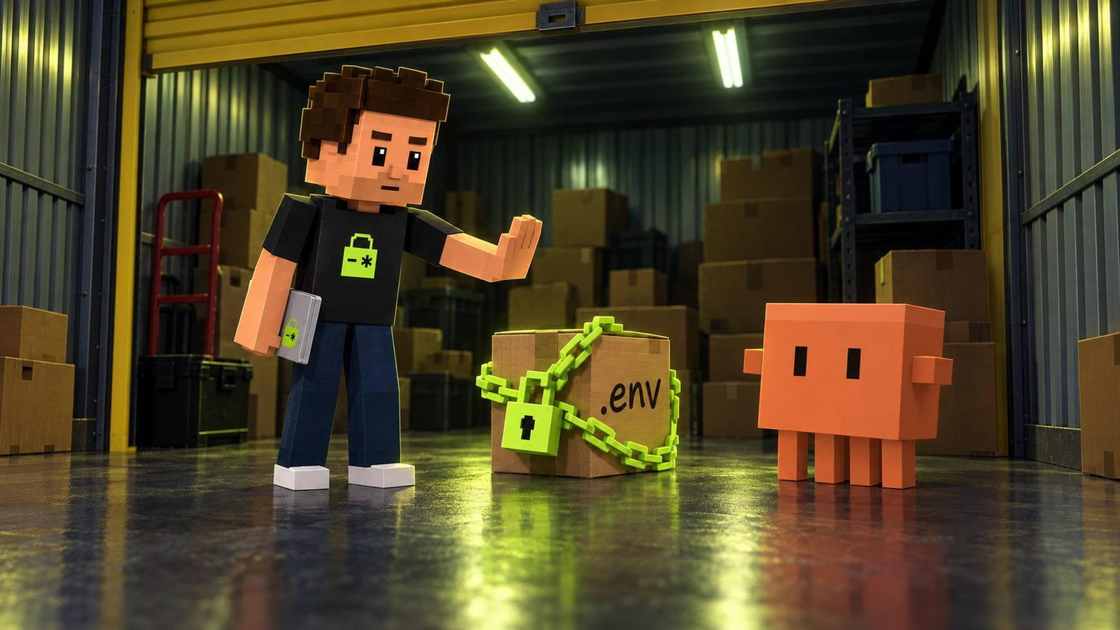 Illustration: in a corner of the storage unit sits a small cardboard box marked .env in black marker, wrapped in a heavy lime chain with a chunky lime padlock; Aster holds up an open hand in a firm stop gesture, his closed silver laptop at his side and the lime lock on his shirt visible; Claude, the orange clay block, stands on the other side of the box keeping his distance.