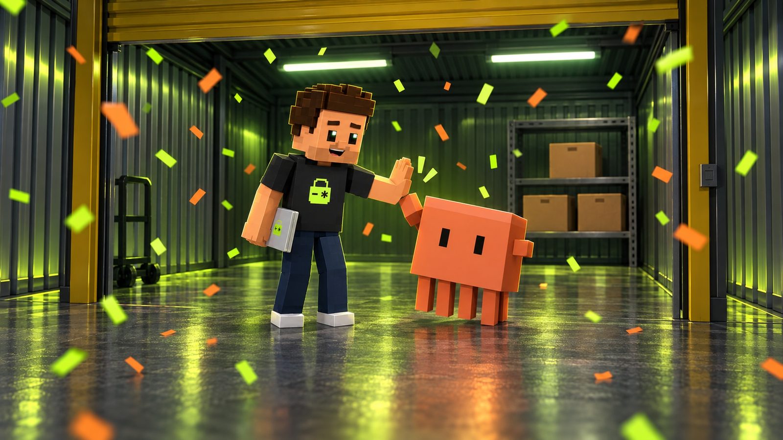 Illustration: the after shot of a declutter show: the storage unit is tidy with three neat boxes on a metal shelf and a bright clean floor, lime and orange confetti falling; Aster and Claude, the orange clay block, high-five in the middle, both happy, Aster’s closed silver laptop at his side and the lime lock on his shirt visible.