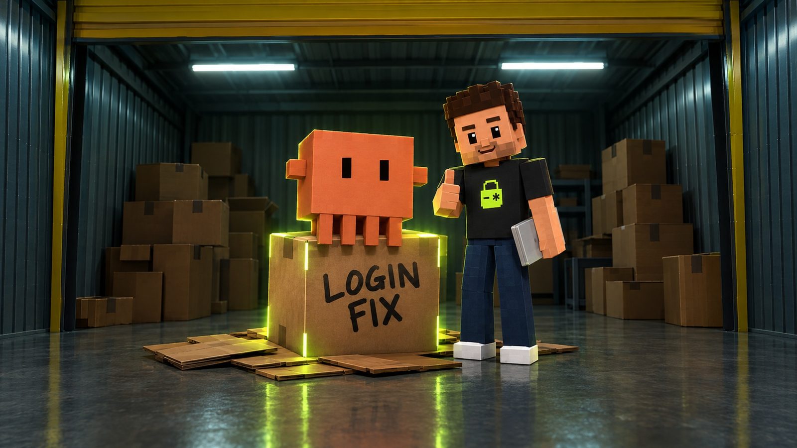Illustration: in the middle of the storage unit stands one sturdy cardboard box marked LOGIN FIX in black marker, glowing lime at the seams, with flattened empty boxes on the floor around it; Claude, the orange clay block, sits on top of it proudly; Aster stands beside it with a thumbs up, his closed silver laptop at his side and the lime lock on his shirt visible.