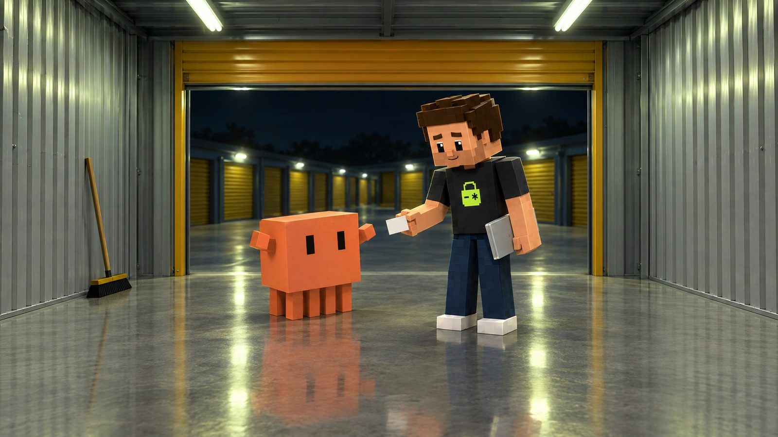 Illustration: the storage unit is empty and swept clean, the concrete floor gleaming under fluorescent tubes, a push broom leaning on the wall and a row of mustard roll-up doors outside at night; Aster hands Claude, the orange clay block, a single blank white index card, his closed silver laptop at his side and the lime lock on his shirt visible; Claude looks relieved.