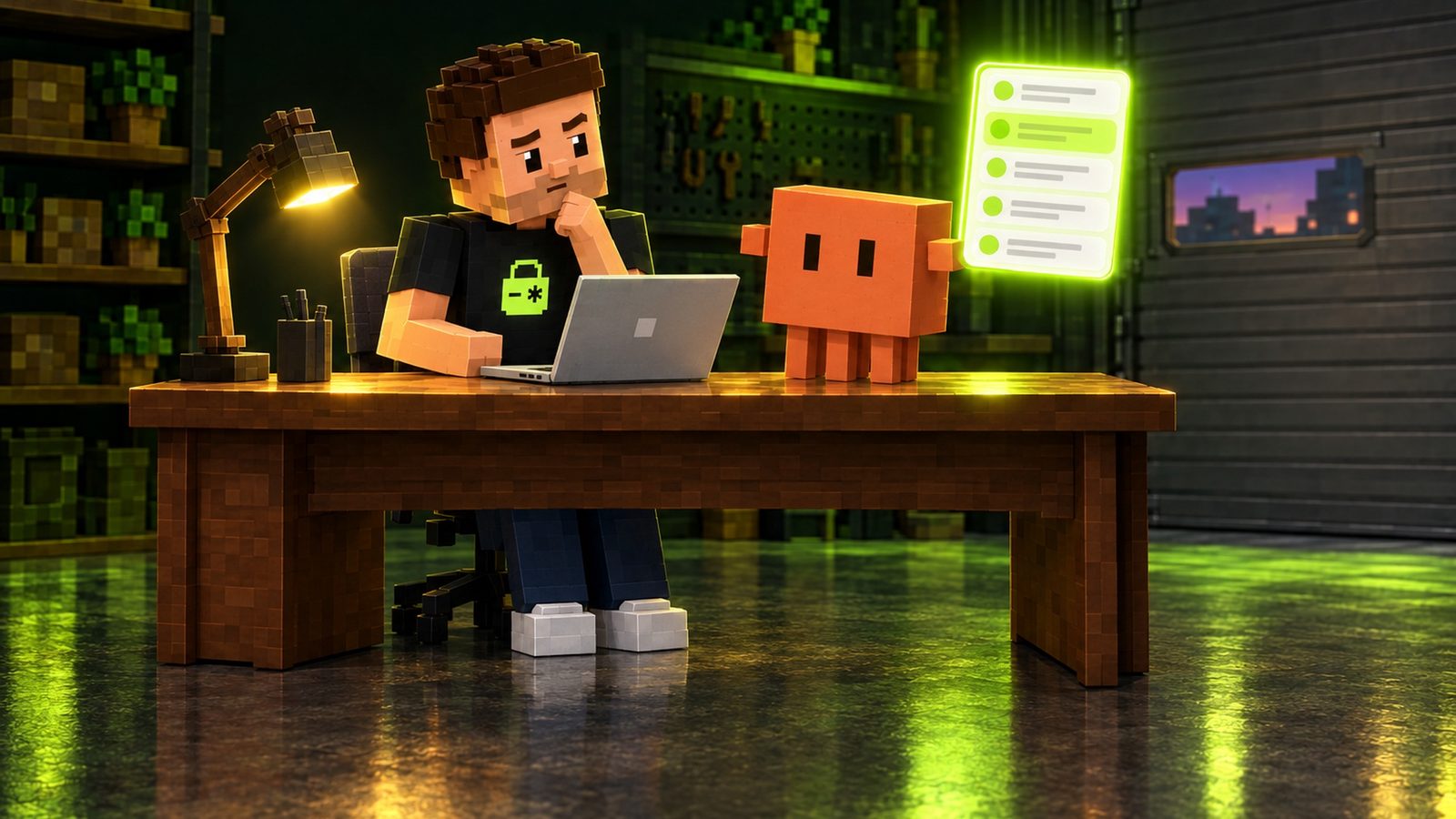 Illustration: in a dark green garage office, voxel Aster sits at a wooden desk with his silver laptop open, one hand on his chin, looking doubtful; Claude, a small orange block with two tall eye slits, side nubs and four short legs, stands on the desk and holds up a glowing lime floating card that lists five rows of package badges with blurred lines, the second row highlighted.