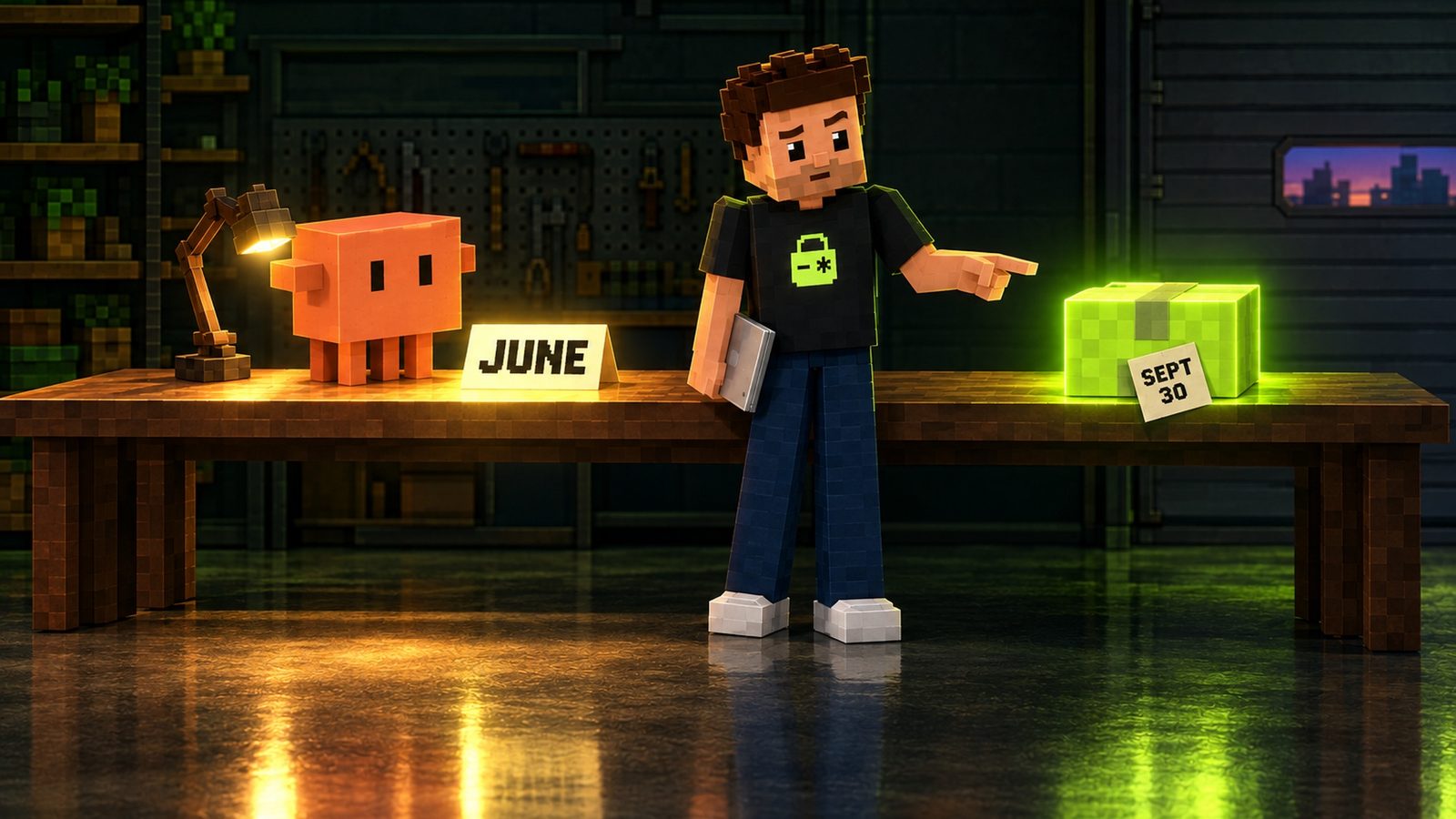 Illustration: a long wooden workbench in the garage office; on the left Claude holds a small glowing lamp whose warm light ends at a standing paper sign reading JUNE; to the right, in the dark, a bright lime-glowing parcel box carries a paper tag reading SEPT 30, and voxel Aster, laptop closed at his side, points at it.