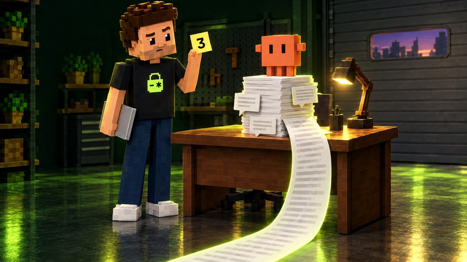 Illustration: Claude stands on top of a tall stack of plain white pages pinned with blank speech-bubble notes, and a very long paper scroll of blurred lines unrolls off the desk across the floor; voxel Aster, sceptical, holds up a yellow sticky note showing the number 3 and keeps his closed silver laptop at his side.