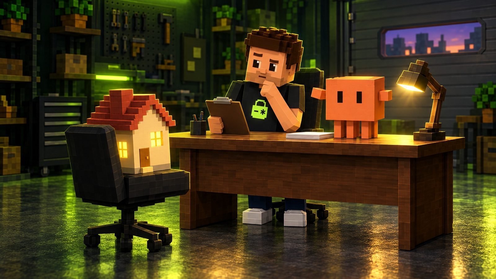 Illustration: voxel Aster sits behind the wooden interview desk with a clipboard, one hand on his chin, looking across at the empty candidate chair where a small voxel model house with glowing windows sits waiting; Claude stands on the desk beside him and points a side nub at the house.