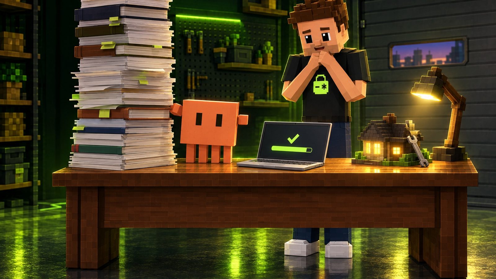 Illustration: on the wooden desk a gigantic tower of papers and books rises beside Claude; Aster’s single silver laptop stands open showing a lime progress bar and a tick, next to a small voxel house with glowing windows and a wrench leaning on it; voxel Aster looks on, impressed, hands clasped, the lime lock on his shirt fully visible.