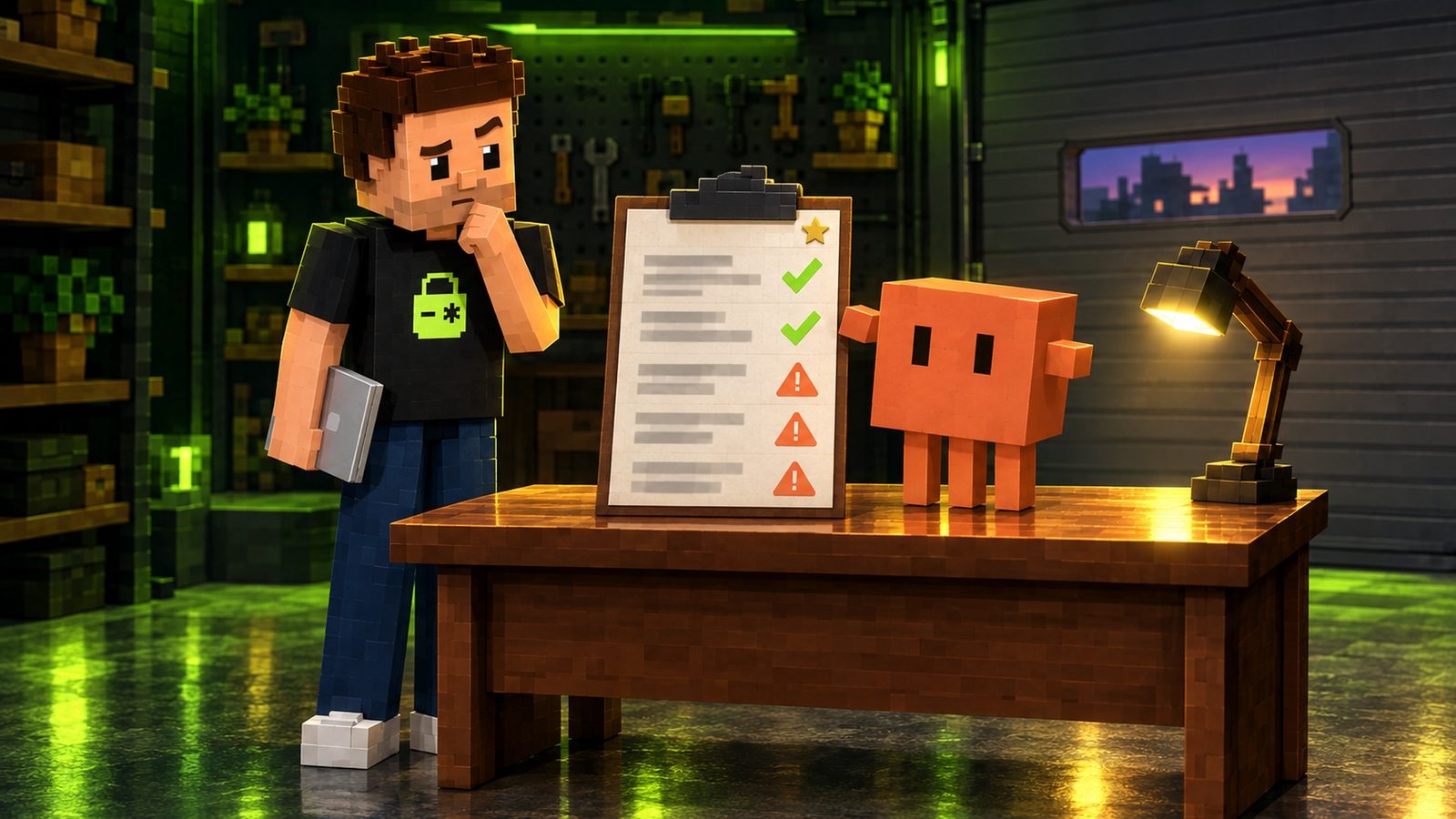 Illustration: a paper report card on a clipboard stands on the wooden desk with five rows of blurred lines: the first two end in big lime ticks and the last three in orange warning triangles, with a small gold star in the corner; Claude stands beside it, proud, and voxel Aster studies it with a raised eyebrow, his laptop closed at his side.