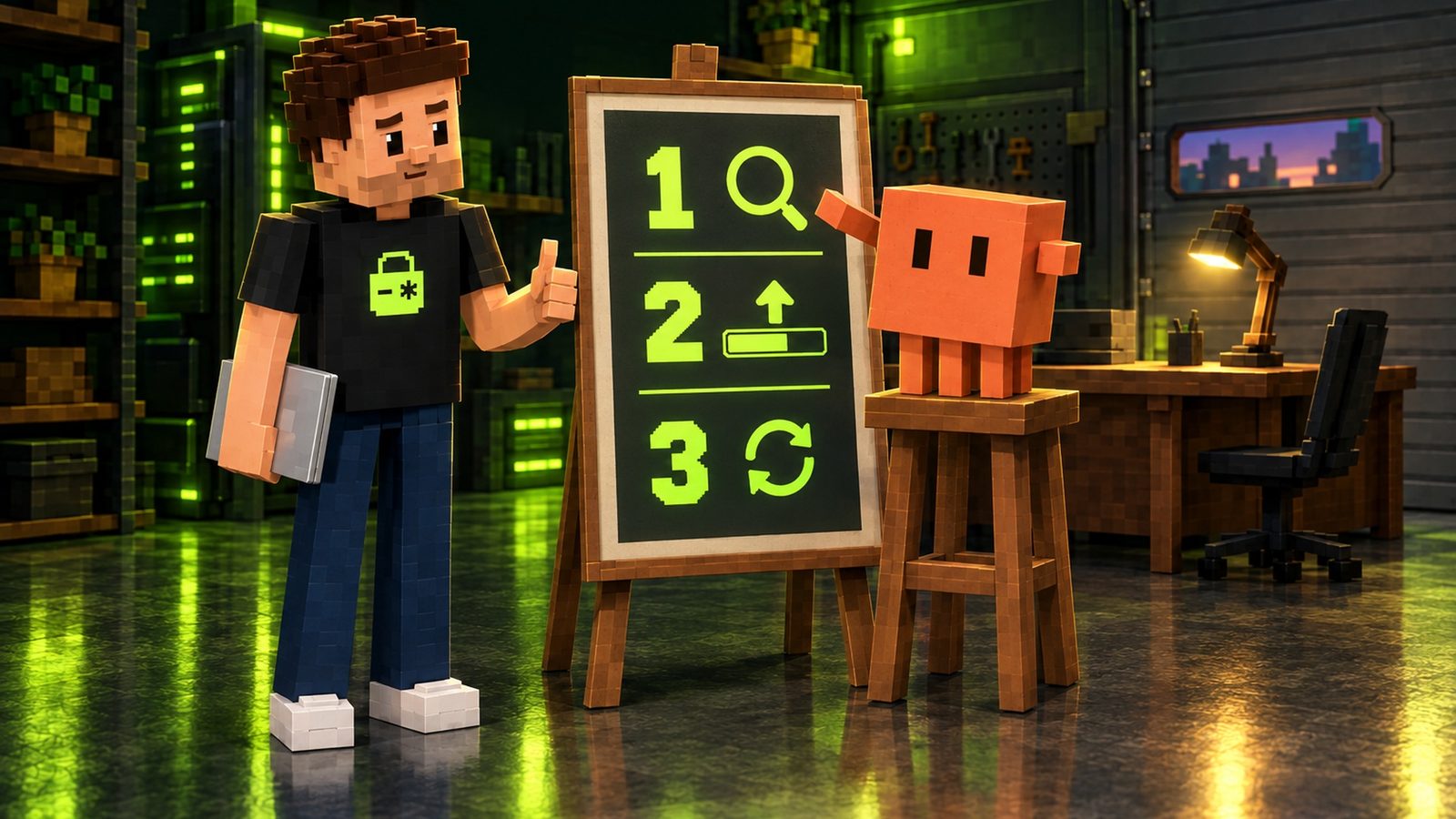 Illustration: a wooden easel holds a dark board with three big lime steps: the numeral 1 with a magnifying glass, 2 with an up arrow over a progress bar, and 3 with a circular repeat arrow; Claude stands on a small wooden stool pointing at step one, and voxel Aster gives a thumbs-up, his closed silver laptop held at his side away from the lime lock on his black shirt.