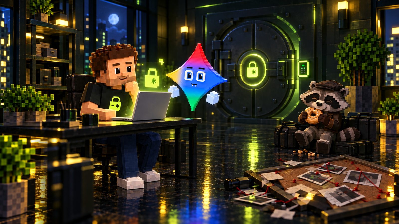 Voxel illustration: a calm vault at night where Aster sits at a desk reviewing code on his open laptop under a glowing lime padlock, the lime lock on his shirt visible, with Gemini floating relaxed beside him; behind them the vault door is shut with a lime lock, the heist plan board with red string lies torn down on the floor, and the raccoon getaway driver sits in the corner happily eating a bagel.