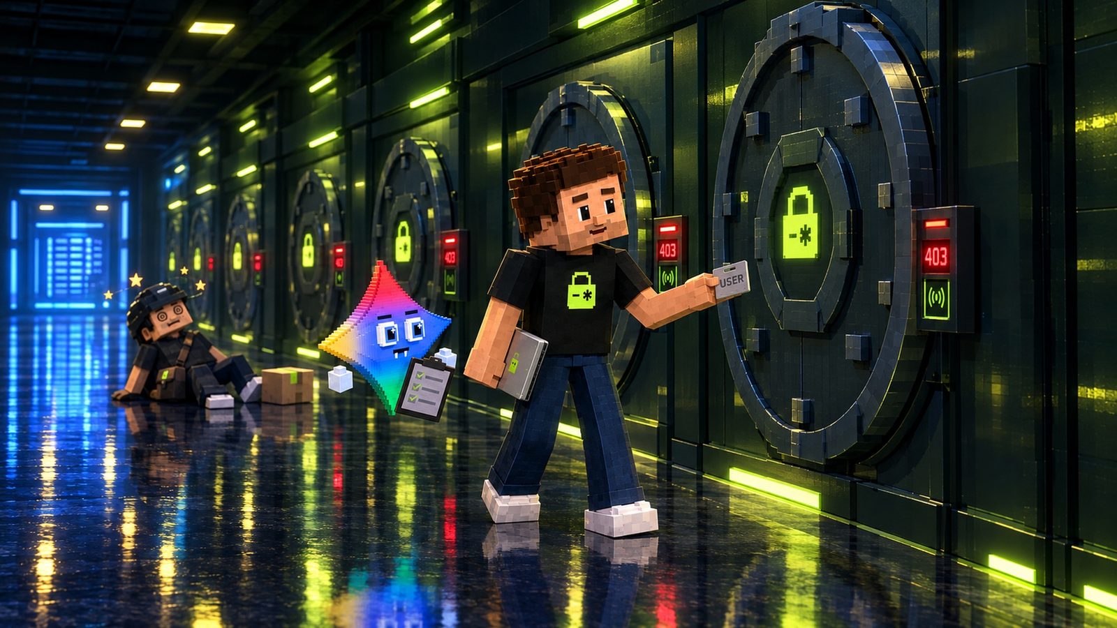 Voxel illustration: a vault corridor with a row of round steel doors, each locked with a lime padlock; Aster holds a grey USER badge to a reader that flashes a red 403, laptop at his side, Gemini floats beside him with a clipboard of green ticks, and in the background the Courier sits dazed on the floor with his parcel after bouncing off a door.