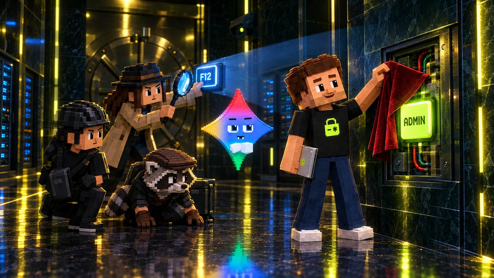 Voxel illustration: in a dark vault lobby, Aster proudly drapes a red velvet cloth over a glowing lime ADMIN button on the wall, laptop at his side, while behind him the Inspector in a trench coat presses a giant glowing F12 keycap and shines a beam of blue light through her magnifying glass; the Courier and the raccoon getaway driver crouch nearby and Gemini floats in the middle, mitts crossed, unimpressed.
