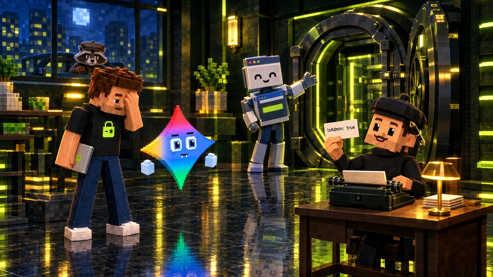 Voxel illustration: in the vault lobby the Forger sits at a typewriter and proudly holds up an ID card that reads isAdmin: true, while a cheerful robot doorman made of browser windows waves him toward the open vault; Aster facepalms with his laptop at his side, Gemini floats beside him deadpan, and the raccoon peeks in through the window.