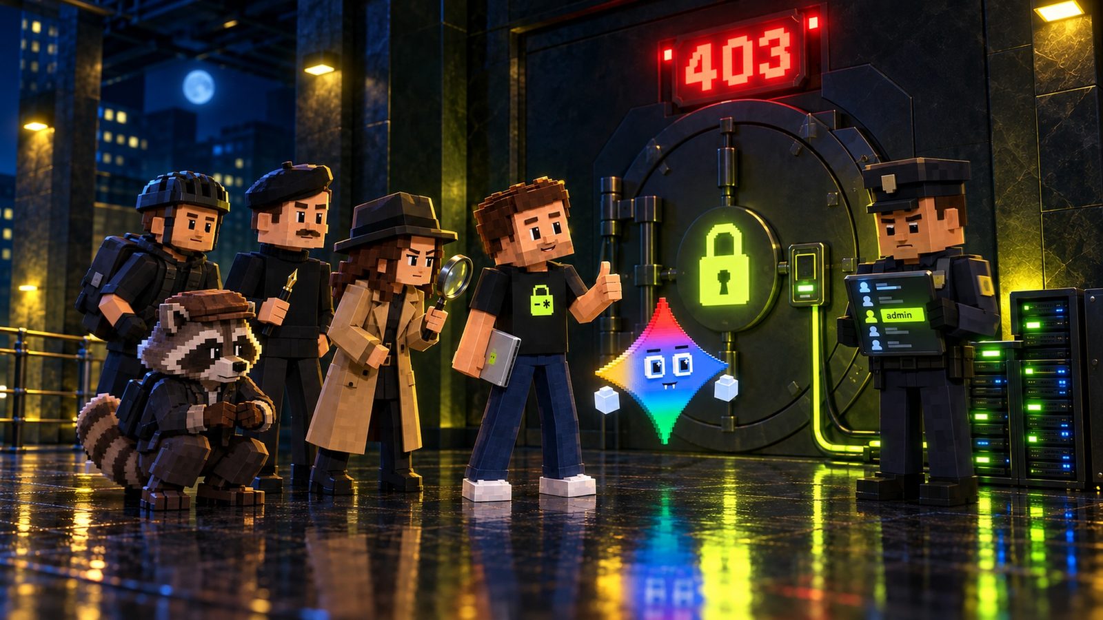 Voxel illustration: the next night the round vault door is closed with a glowing lime padlock and a badge reader wired to a server rack, a red 403 glows above it, and a security guard checks a tablet with one lime admin tag; the Inspector, the Forger, the Courier and the raccoon stand stopped outside while Aster gives a thumbs-up with his laptop at his side and Gemini floats beside him.