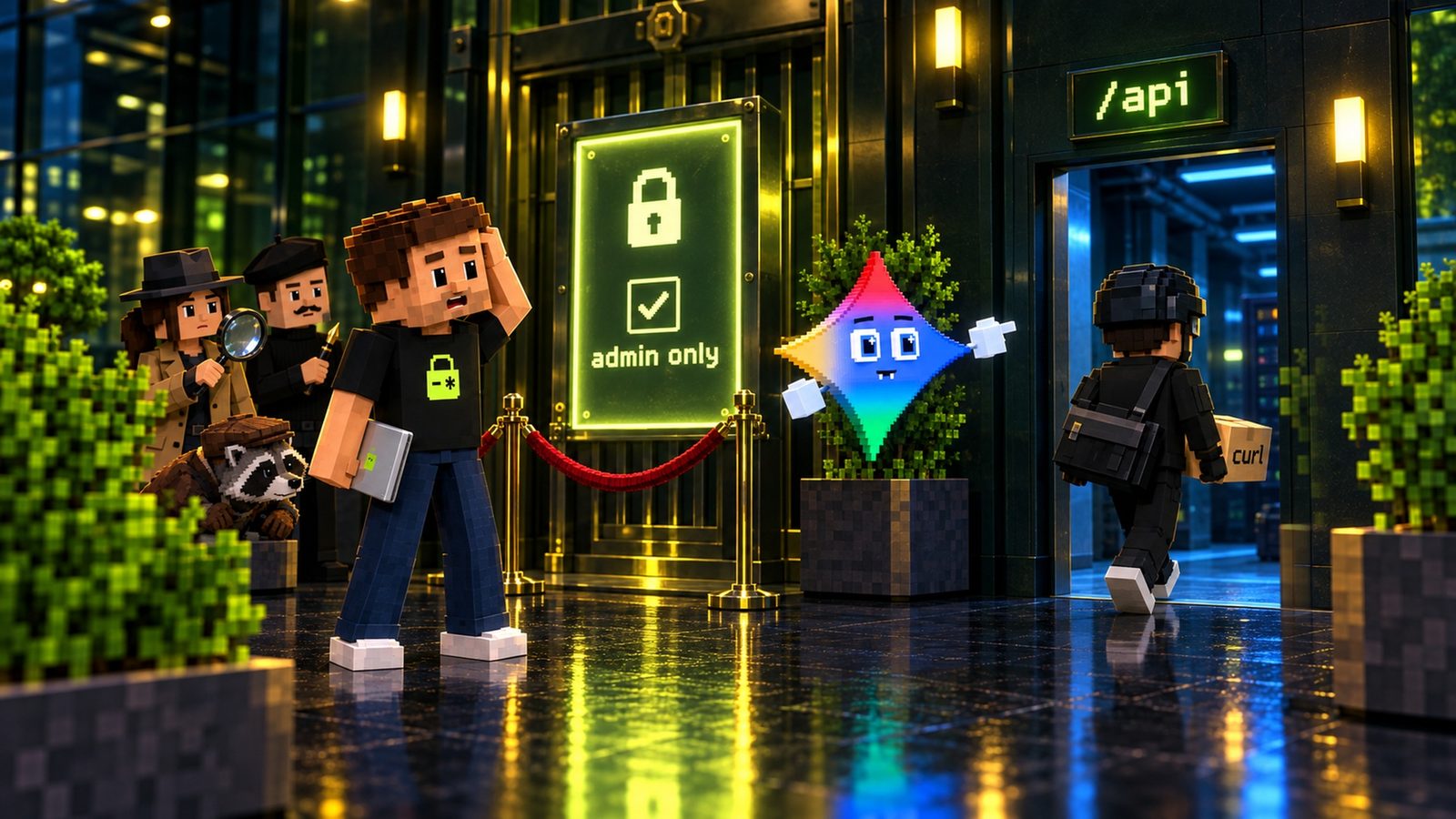 Voxel illustration: at the front of the vault a red velvet rope guards a glowing panel with a ticked checkbox labelled admin only, but beside it an open doorway marked /api has no door at all, and the Courier walks straight through carrying a parcel labelled curl; Aster holds his head, laptop at his side, while Gemini gestures at the doorway and the Inspector, the Forger and the raccoon watch from the left.