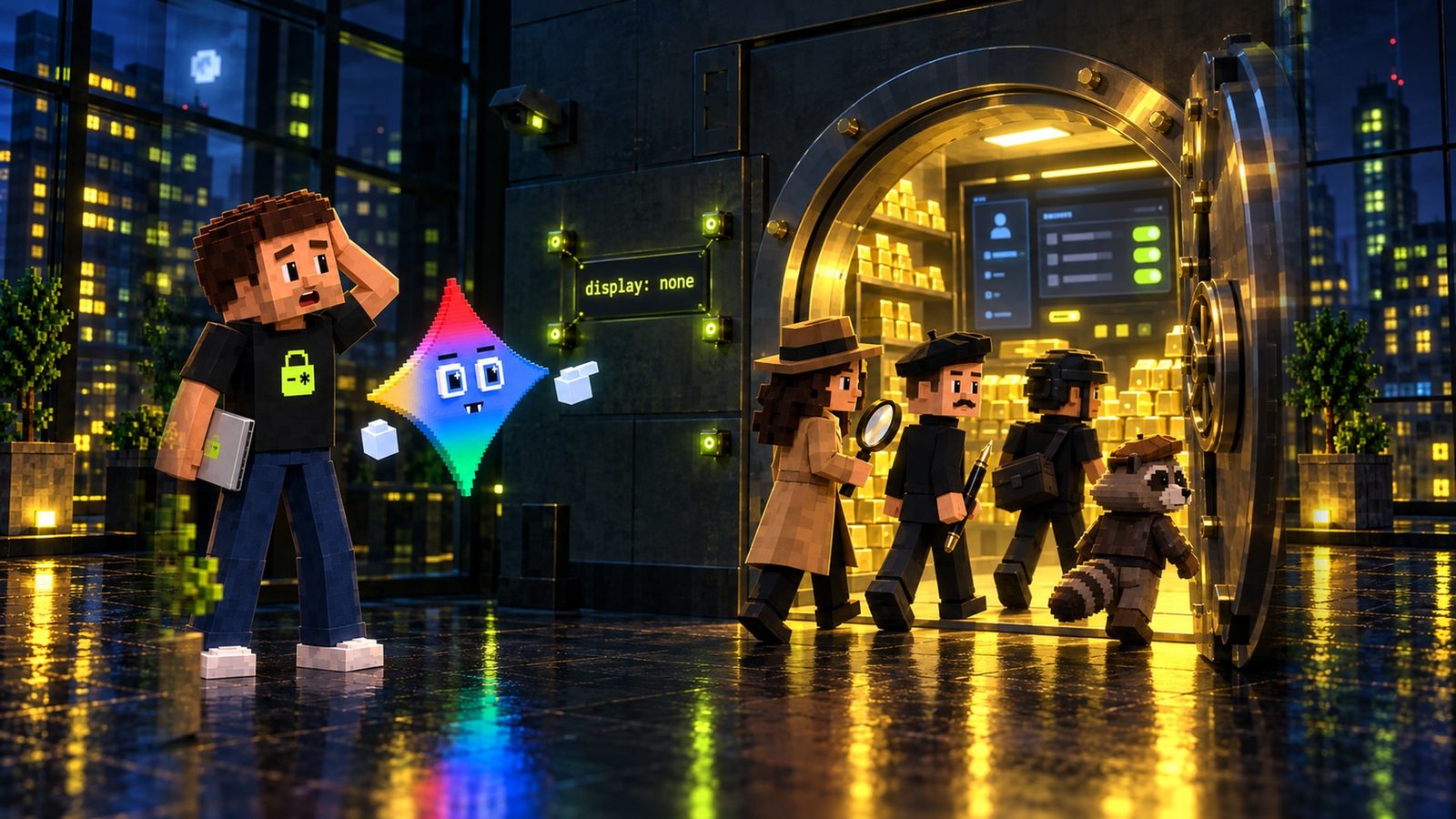 Voxel illustration: a bank vault at night with a huge round steel door wide open onto shelves of gold bars and an admin control panel; the wall beside it has laser emitters but no beams, just a glowing plaque that reads display: none. Gemini’s crew strolls in: the Inspector in a trench coat with a magnifying glass, the Forger in a beret with a fountain pen, the Courier in a helmet with a messenger bag, and a raccoon in a flat cap. On the left, Aster stands shocked with his laptop at his side and the blue sparkle Gemini floats beside him.