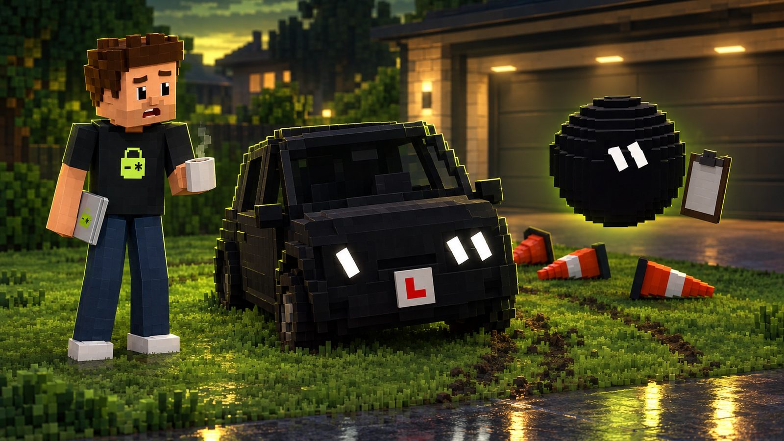 Illustration: the morning after on a dusk-lit lawn beside Aster’s garage: a small matte-black voxel learner car with Grok’s white pill-shaped eyes as headlights and a red L plate sits crooked on the grass, three orange cones knocked flat behind it; Aster stands beside it holding a coffee mug, shocked, his closed silver laptop at his side and the lime lock on his black shirt visible; Grok, a floating black voxel ball with two white pill eyes, hovers next to the car with a clipboard, smug.