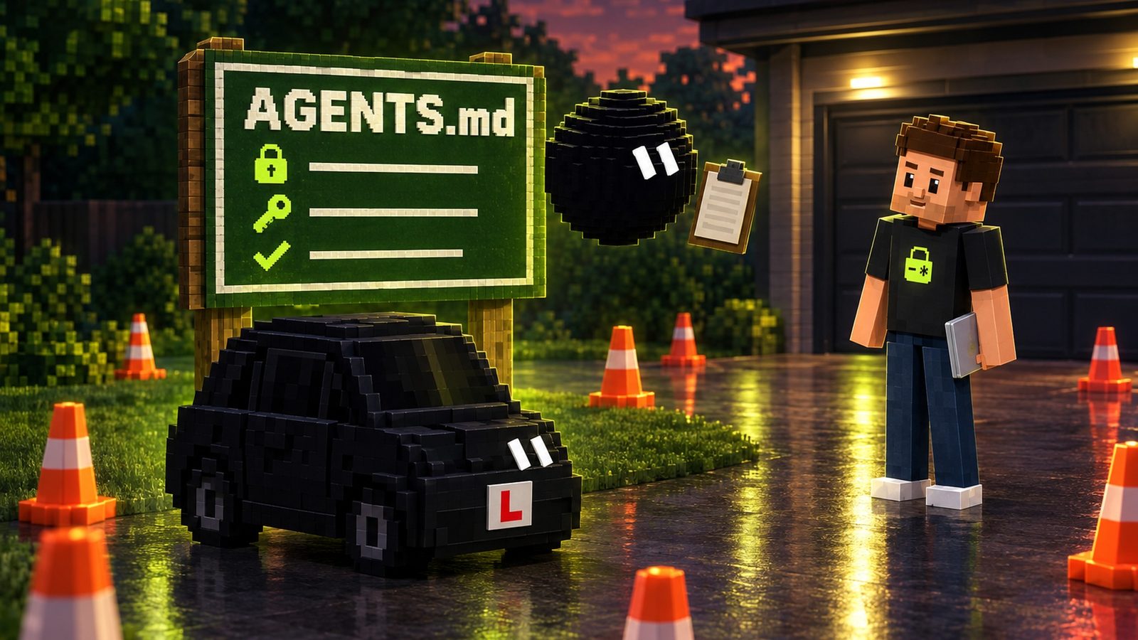 Illustration: beside the cone course stands a big dark green wooden road sign titled AGENTS.md in white letters, with three short white rule lines below, each starting with a small lime icon: a padlock, a key and a tick; the black learner car is parked in front of it with its pill-shaped headlights pointed up as if reading; Grok floats at the sign like a teacher; Aster stands at the right nodding, his closed laptop at his side and the lime lock on his shirt visible.