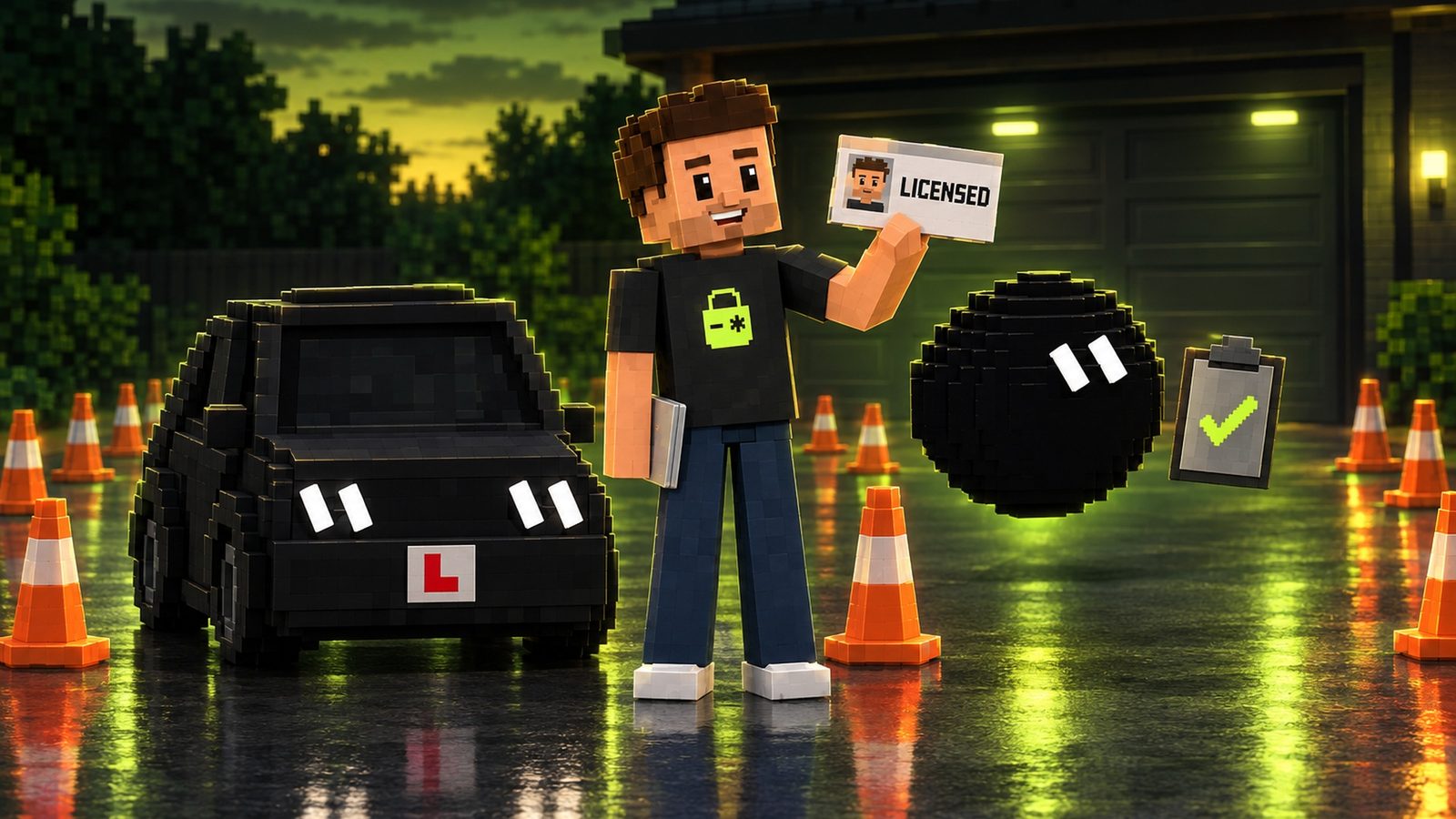 Illustration: on the dusk cone course every orange cone stands in a neat row and the black learner car with pill-shaped headlights and a red L plate is parked perfectly; Aster grins and holds up a voxel driving licence card reading LICENSED with a small portrait of himself, his closed laptop at his side and the lime lock on his shirt visible; Grok floats beside him with a clipboard showing a big lime tick.