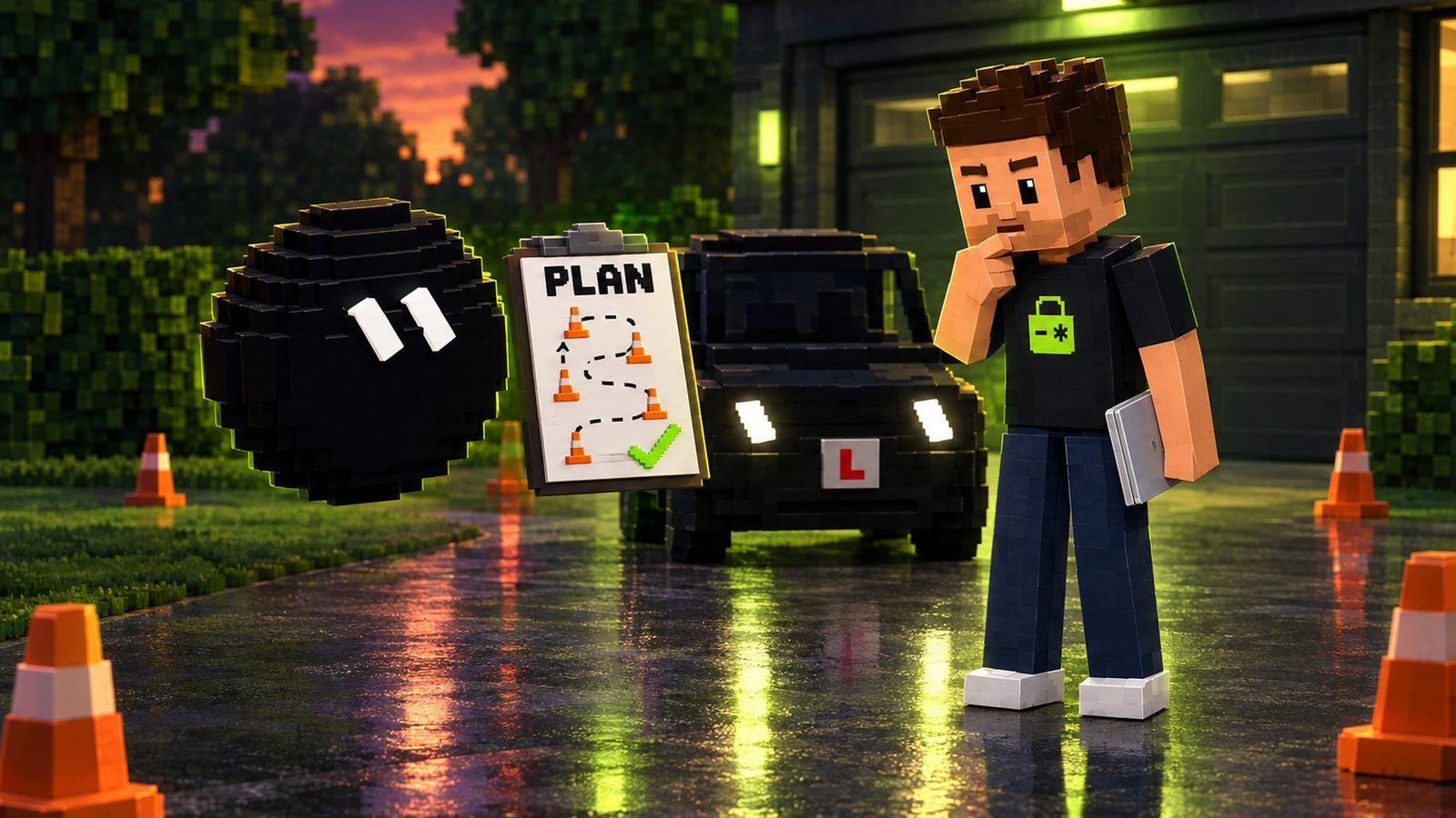 Illustration: on a wet driveway at dusk, Grok, a floating black voxel ball with white pill eyes, presents a big clipboard titled PLAN showing a hand-drawn dotted route weaving between small cone icons and ending in a lime tick; Aster stands on the other side reading it with a hand on his chin, his closed silver laptop at his side and the lime lock on his shirt visible; the black learner car with pill-shaped headlights and a red L plate waits behind them.