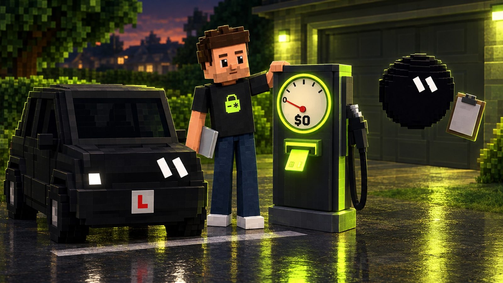 Illustration: the black learner car with a red L plate is parked at a white stop line beside a small voxel fuel pump at the edge of the driveway; the pump’s round dial points at a big $0 mark and a glowing lime prepaid card sits in its slot; Aster leans on the pump relieved, his closed laptop in his other hand and the lime lock on his shirt visible; Grok floats on the right with a clipboard, approving.