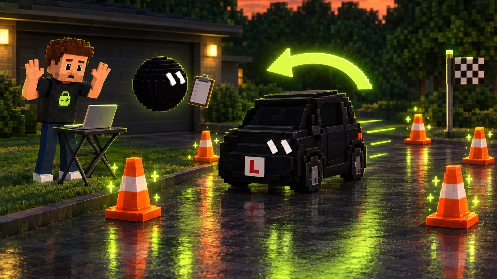 Illustration: on the dusk cone course the black learner car rolls backwards with motion lines while the orange cones it had knocked over stand back up with small lime sparkles, under a big glowing lime arrow curving backwards; a checkered checkpoint flag stands at the edge; Aster stands at a folding table with his silver laptop open, both hands up in amazement, the lime lock on his shirt visible; Grok floats beside him, calm, with a clipboard.