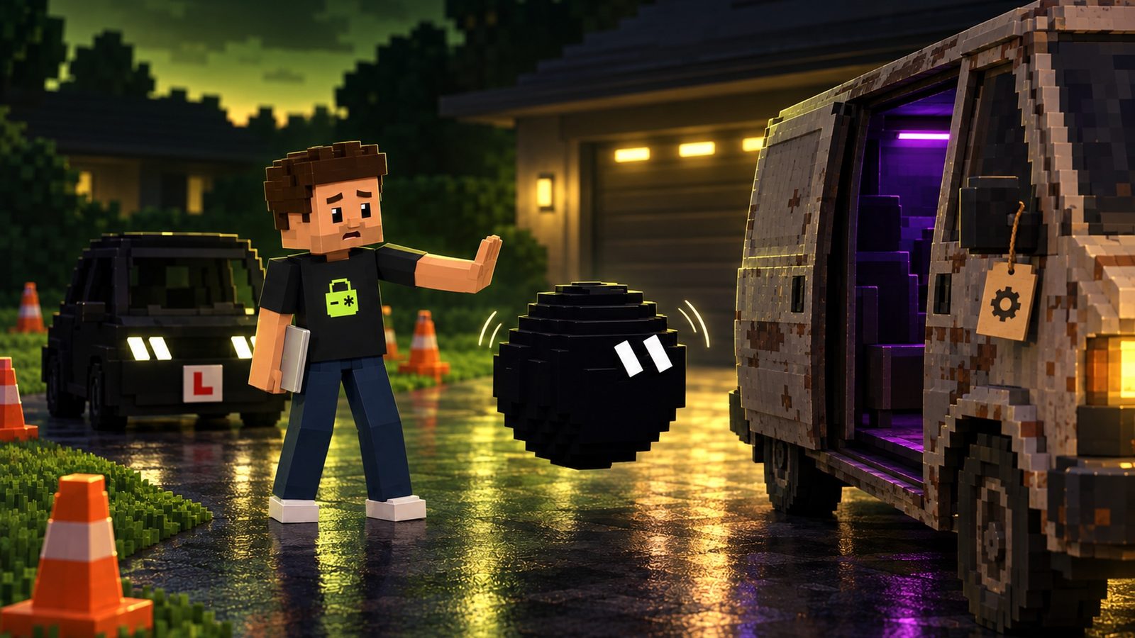 Illustration: at the kerb in front of the garage a battered, rusty voxel van with its side door slid open and a purple glow inside, a cardboard tag with a gear icon hanging from its mirror; Aster has stopped one step away with a hand raised like a stop sign, cautious, his closed laptop at his side and the lime lock on his shirt visible; Grok, a black voxel ball with white pill eyes, floats between them shaking its head; the black learner car waits behind Aster.