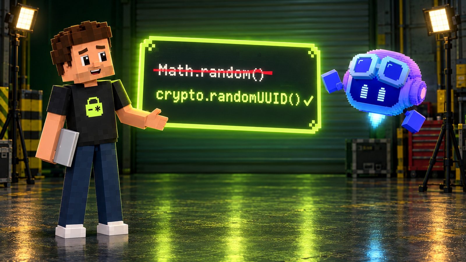 Illustration: a large floating dark code card with a thick lime border in the middle of the garage studio; the top line reads Math.random() struck through with a thick red line, and below it crypto.randomUUID() glows lime with a tick beside it; voxel Aster stands at the left with an open hand toward the card, relieved, his closed silver laptop at his side; Copilot hovers at the right with a cube mitt raised.