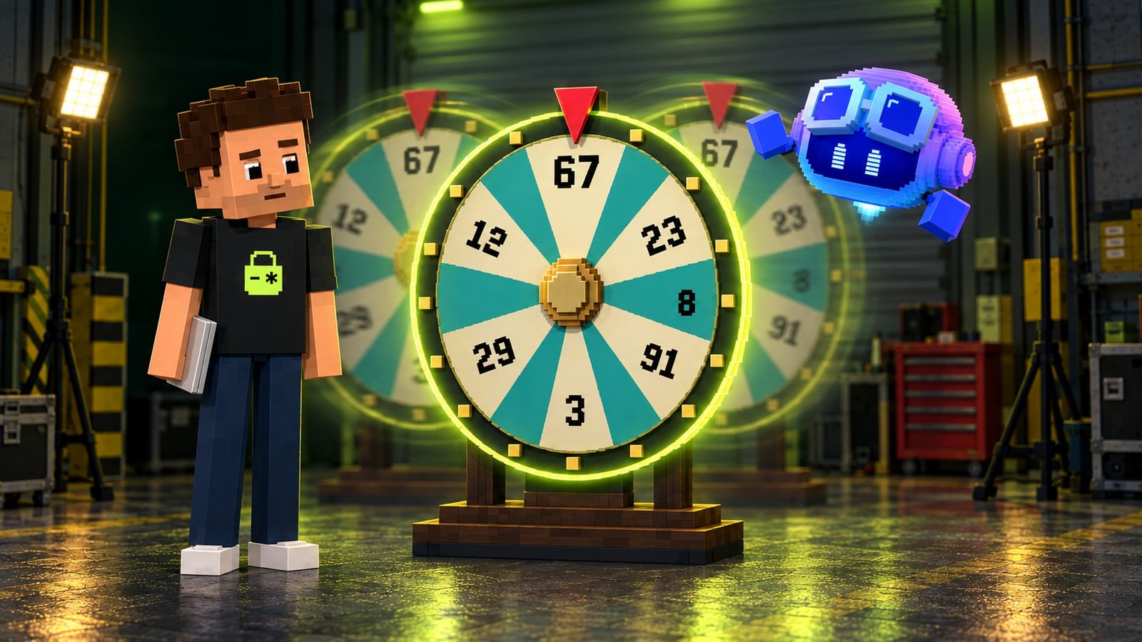 Illustration: a big voxel carnival prize wheel on a wooden stand in the middle of the game-show garage, cream and teal wedges with black numbers and a red pointer at the top resting on a wedge that reads 67; two faint ghost copies of the same wheel behind it have also stopped on 67; Copilot hovers to the right looking smug, voxel Aster stands at the left unimpressed with his laptop at his side.