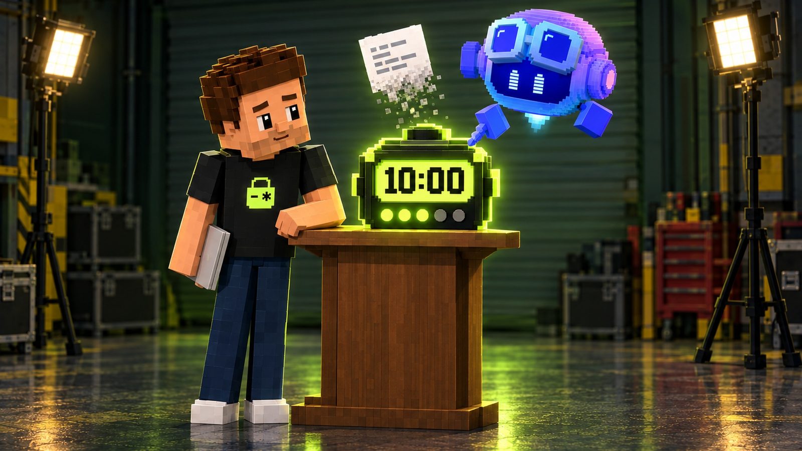 Illustration: a big voxel kitchen timer with a glowing lime dial showing 10:00 stands on the wooden lectern in the garage studio; above it a small white paper code slip is crumbling into grey dust; Copilot hovers beside it pointing a cube mitt at the timer, and voxel Aster leans on the lectern watching, his closed silver laptop at his side.