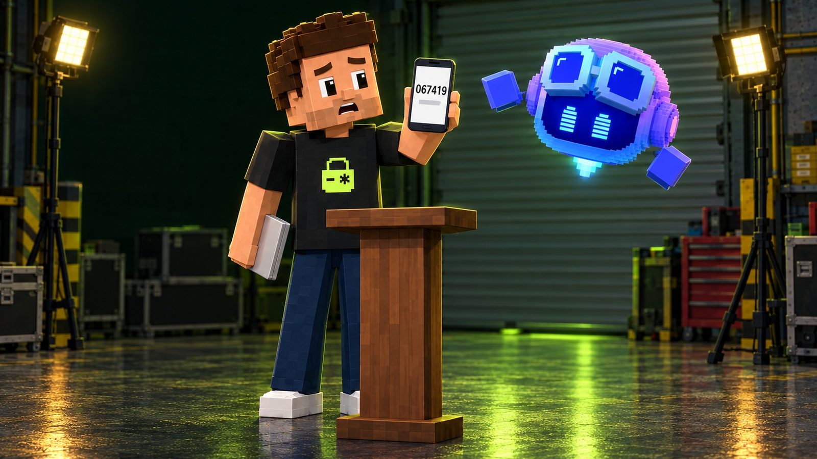 Illustration: in a dark green garage studio with studio lamps and flight cases, voxel Aster stands at a slim wooden lectern holding up his phone, alarmed, his closed silver laptop at his side and the lime padlock logo visible on his black shirt; the phone screen shows six large black digits, 067419; Copilot, a floating violet-blue voxel helmet with a dark visor, glowing cyan scanline eyes and goggles pushed up on its forehead, hovers beside him with one blue cube mitt raised.