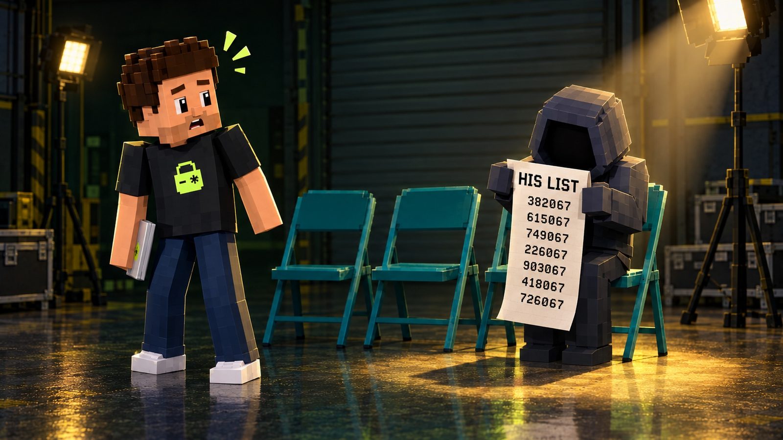 Illustration: three teal folding chairs at the side of the dark garage stage; on the end chair a faceless hooded dark grey voxel figure sits forward under a single warm spotlight holding up a long printed list headed HIS LIST with seven rows of six-digit numbers, each ending in 067; voxel Aster stands in the foreground at the edge of the light looking back, shocked, his laptop at his side.