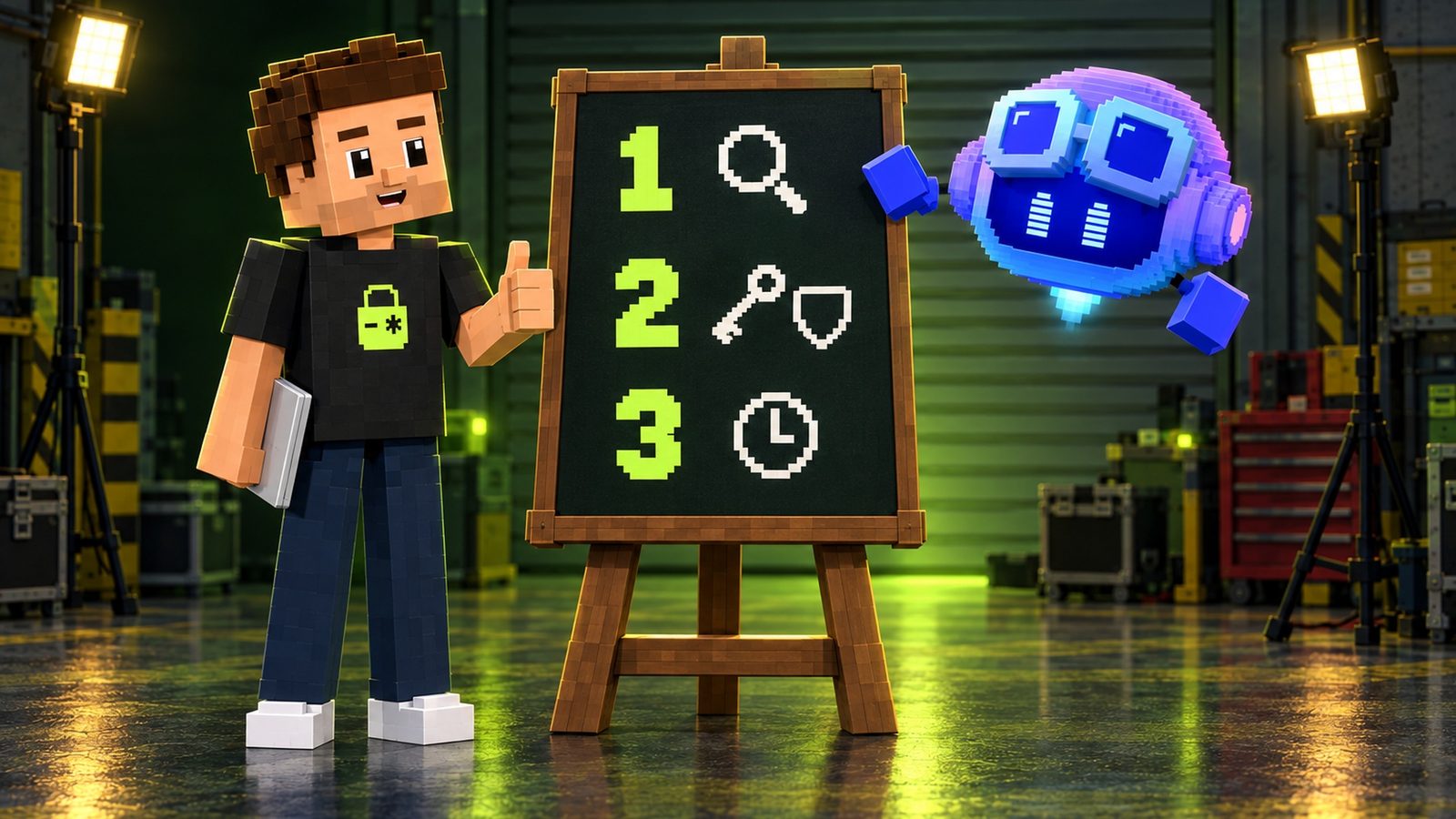Illustration: a wooden easel in the garage studio holds a dark board with three big lime numerals down the left and a white pictogram beside each: 1 with a magnifying glass, 2 with a key and shield, 3 with a clock; Copilot hovers at the right of the board with a cube mitt raised at step one, and voxel Aster gives a thumbs-up at the left with his closed silver laptop at his side, the lime lock on his shirt visible.