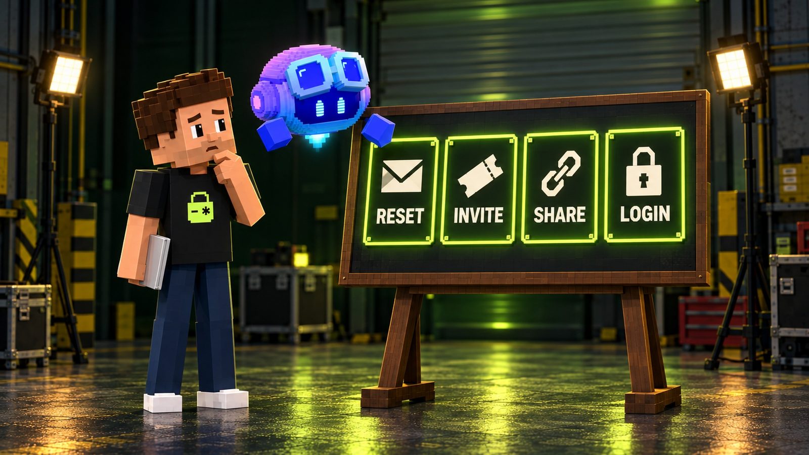 Illustration: a dark game-show answer board on a wooden easel in the garage studio with four lime-outlined cards in a row, each with a white pictogram and a word: RESET with an envelope, INVITE with a ticket, SHARE with a link chain, LOGIN with a padlock; Copilot hovers in front pointing a cube mitt at the first card while voxel Aster stands beside the board reading them, his closed laptop at his side.