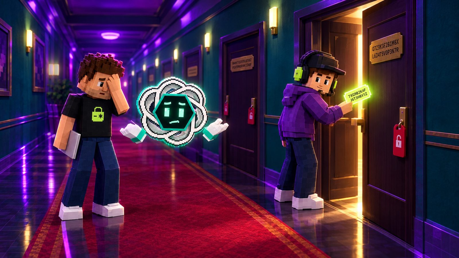 Illustration: a long hotel corridor whose doors carry long random codes instead of numbers, each still hung with a red unlocked tag; Kevin opens one anyway with a code he picked up; ChatGPT shrugs and Aster facepalms.