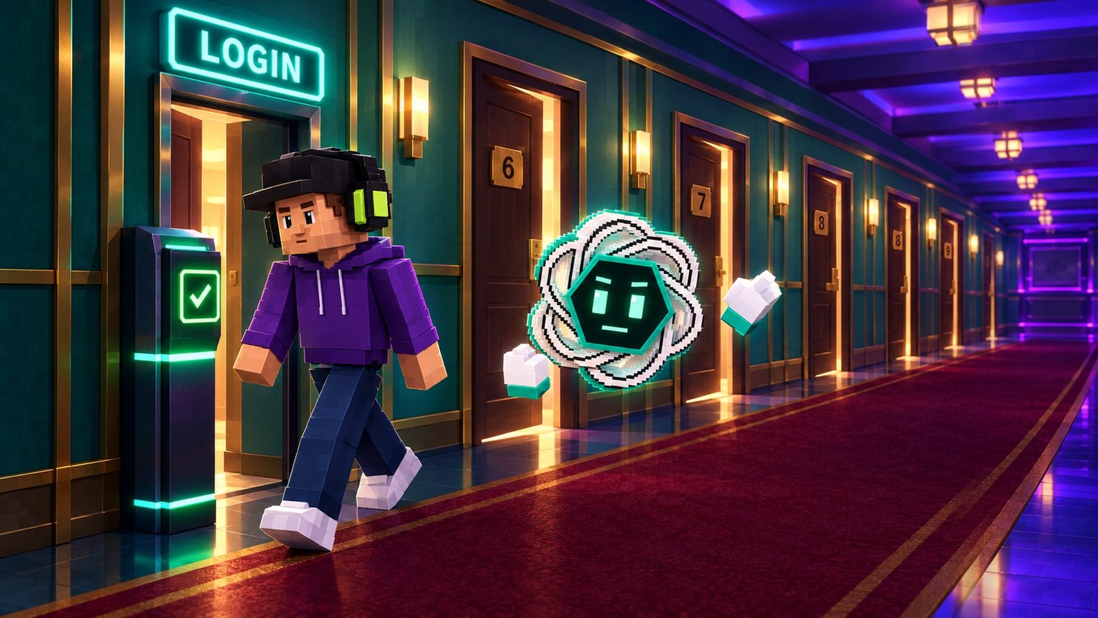 Illustration: a hotel-style corridor inside the app; Kevin walks past a glowing LOGIN door and an ID scanner showing a green check, toward numbered doors 6, 7, 8 and 9 that have no locks; ChatGPT floats beside him, unimpressed.