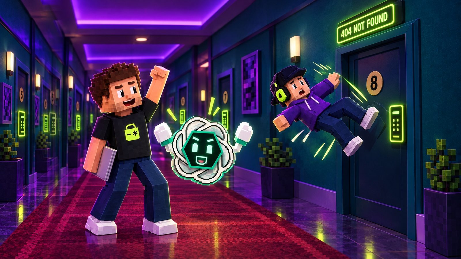 Illustration: door 8 now has a lime keypad lock and a glowing 404 NOT FOUND sign; Kevin bounces off it while Aster and ChatGPT celebrate; every door down the corridor has its own keypad.