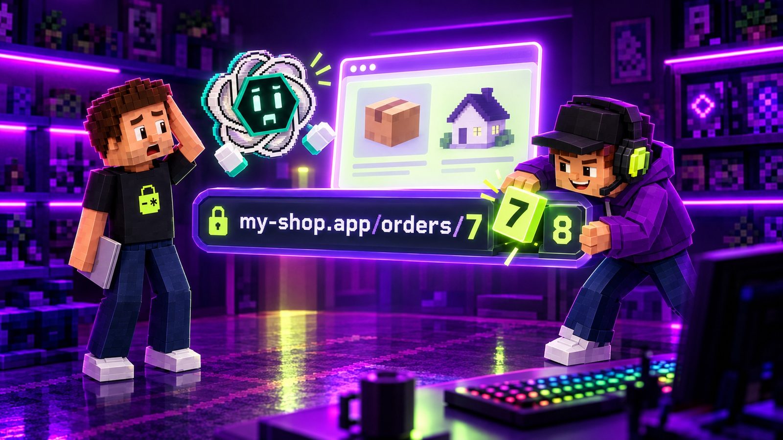 Illustration: a giant address bar reads my-shop.app/orders/7; Kevin, a voxel viewer in a purple hoodie and lime headset, swaps the glowing 7 block for an 8, revealing an order card with a parcel and a house; Aster and ChatGPT look on, alarmed.