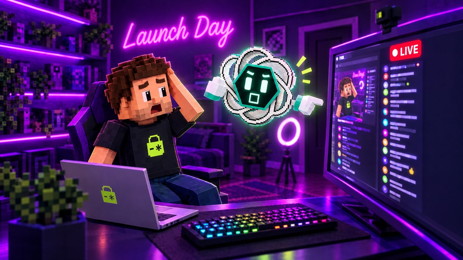 Illustration: voxel Aster sits at his streaming desk in a purple late-night bedroom, hand on his head, laptop open beside an RGB keyboard; a neon sign reads Launch Day and a big monitor shows a red LIVE badge and a busy chat; ChatGPT, a floating white knot with a dark hexagon face, shouts and points at the chat.