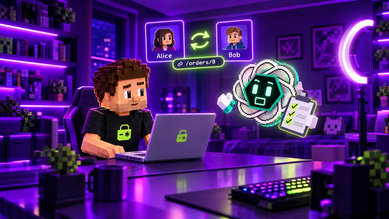 Illustration: Aster at his desk running the test on his laptop; two profile cards, Alice and Bob, float above the desk with /orders/8 between them and a swap arrow; ChatGPT holds a clipboard with three lime check marks.