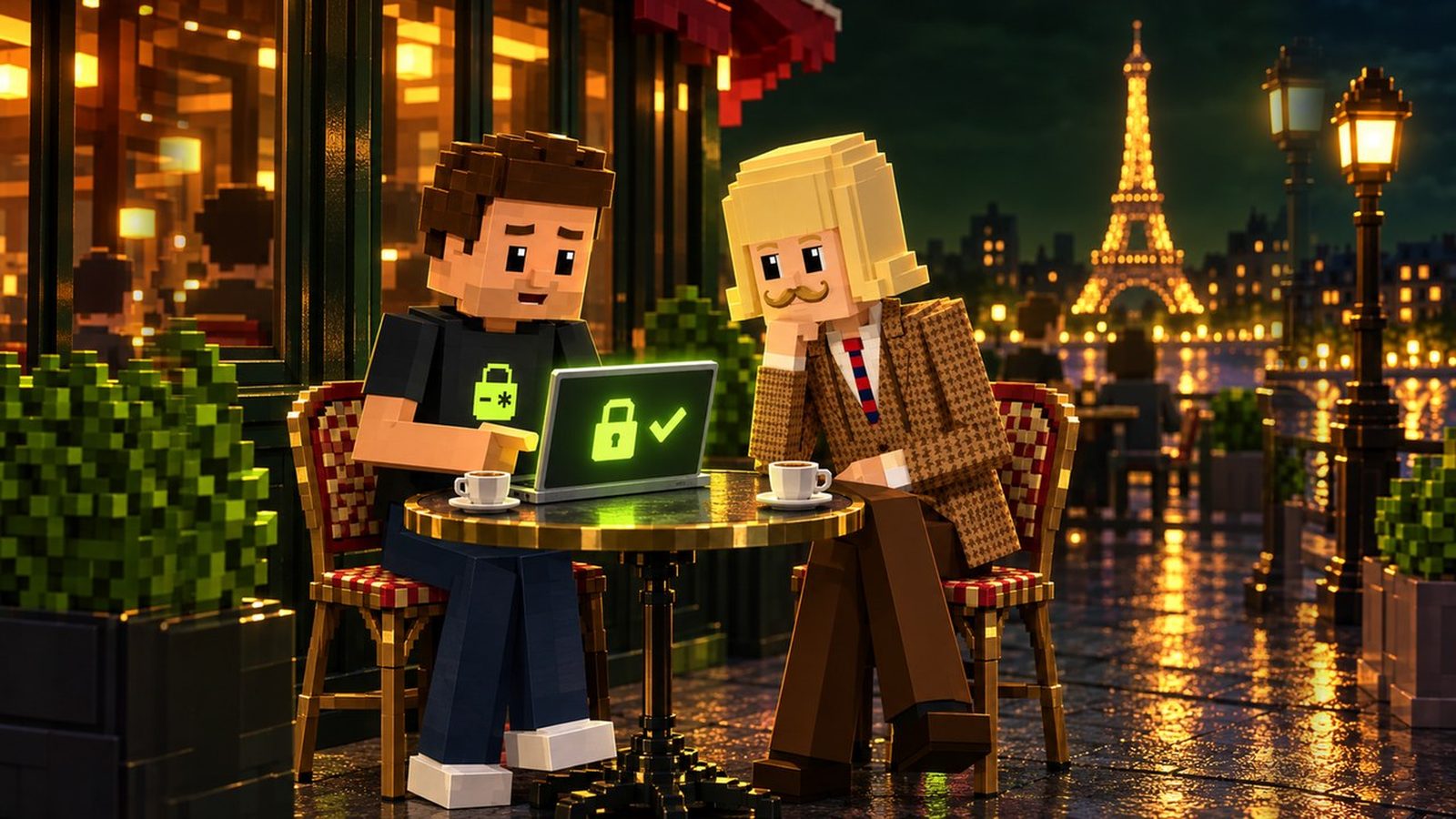 Voxel illustration: at a Paris café terrace at night, with the Eiffel Tower in the distance, Aster shows his laptop to a curious Jean Phil over two espresso cups; the screen shows a glowing lime padlock and a check mark.