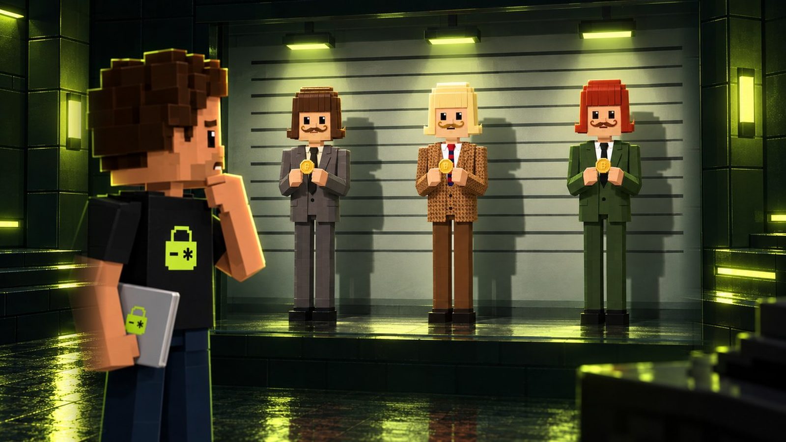 Voxel illustration: three deadpan moustached men stand against a police line-up wall, each holding a gold coin: Jean Phil in the middle, a copycat with a brown bob and grey suit on the left, and one with a red bob and green suit on the right. Aster, laptop under his arm, squints at them with a hand on his chin.