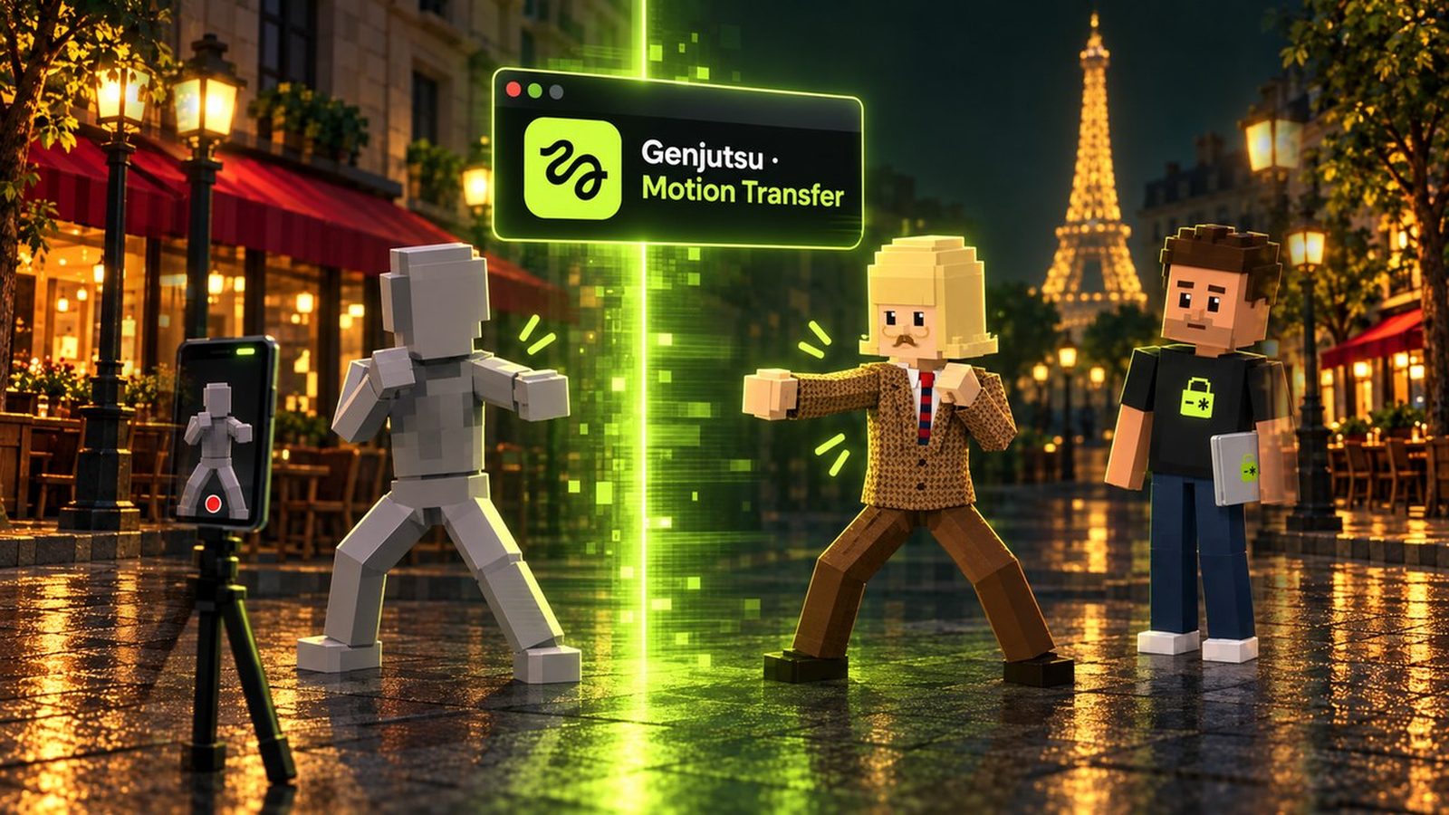 Voxel illustration: on the left a grey stand-in actor shadowboxes on a Paris sidewalk in front of a phone on a tripod; a lime scan beam crosses the middle; on the right the same pose has become Jean Phil while Aster watches with his laptop. A floating app window reads Genjutsu · Motion Transfer.