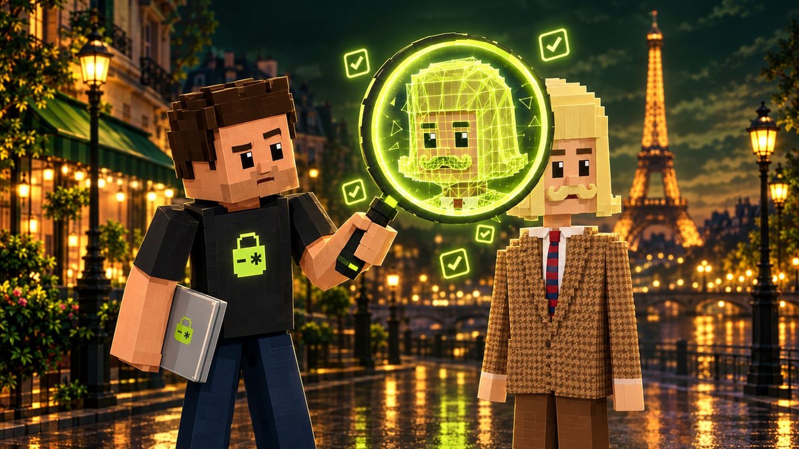Voxel illustration: on a Paris riverside at dusk, Aster, laptop under his arm, holds a magnifying glass up to Jean Phil; inside the lens Jean’s face and hair appear as a glowing lime wireframe mesh, with check-mark icons floating around it.