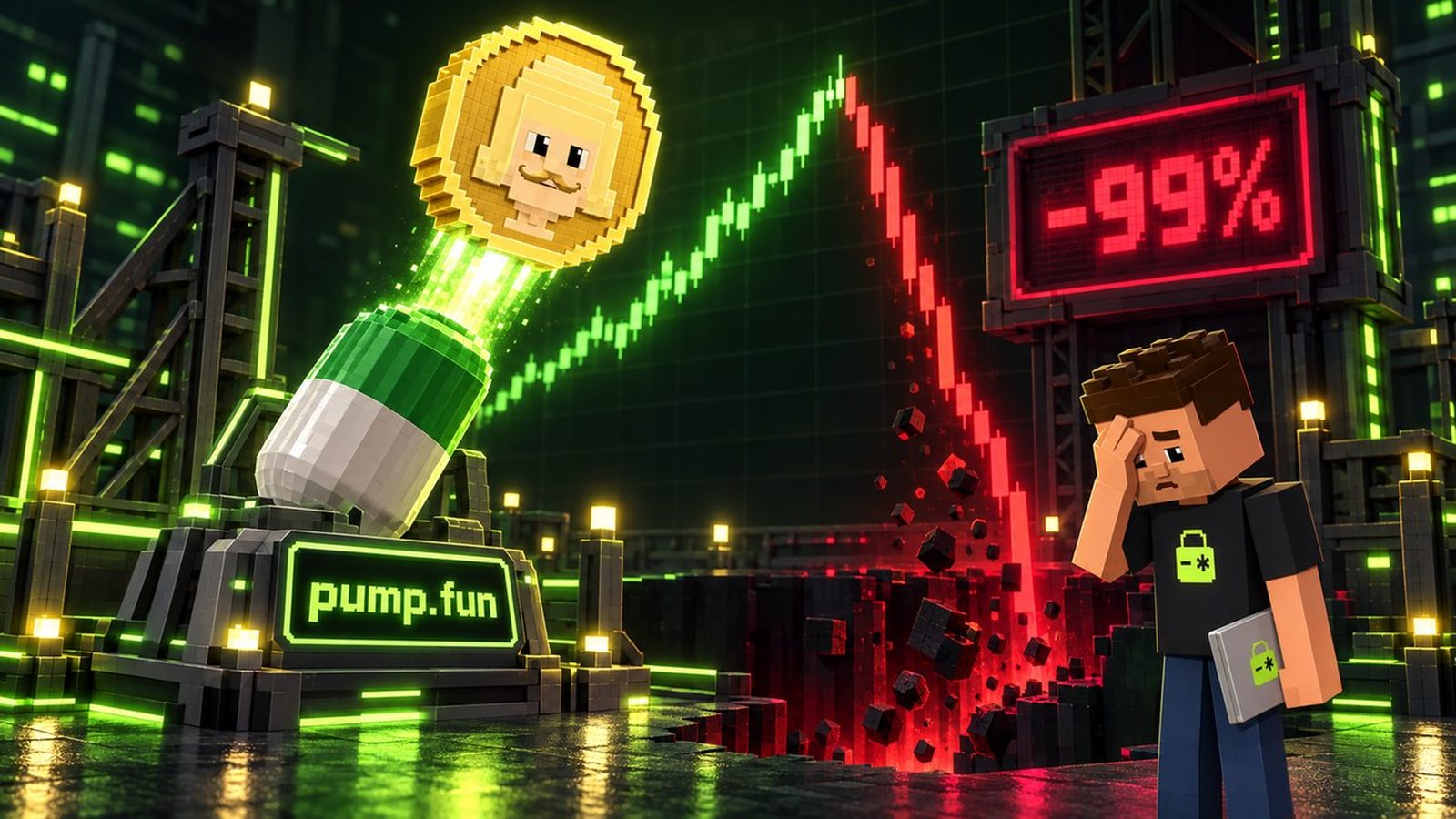 Voxel illustration: a gold coin stamped with Jean Phil’s face launches off a pill-shaped pad labelled pump.fun, climbs a green chart, then plunges red to a screen reading -99% while Aster facepalms.