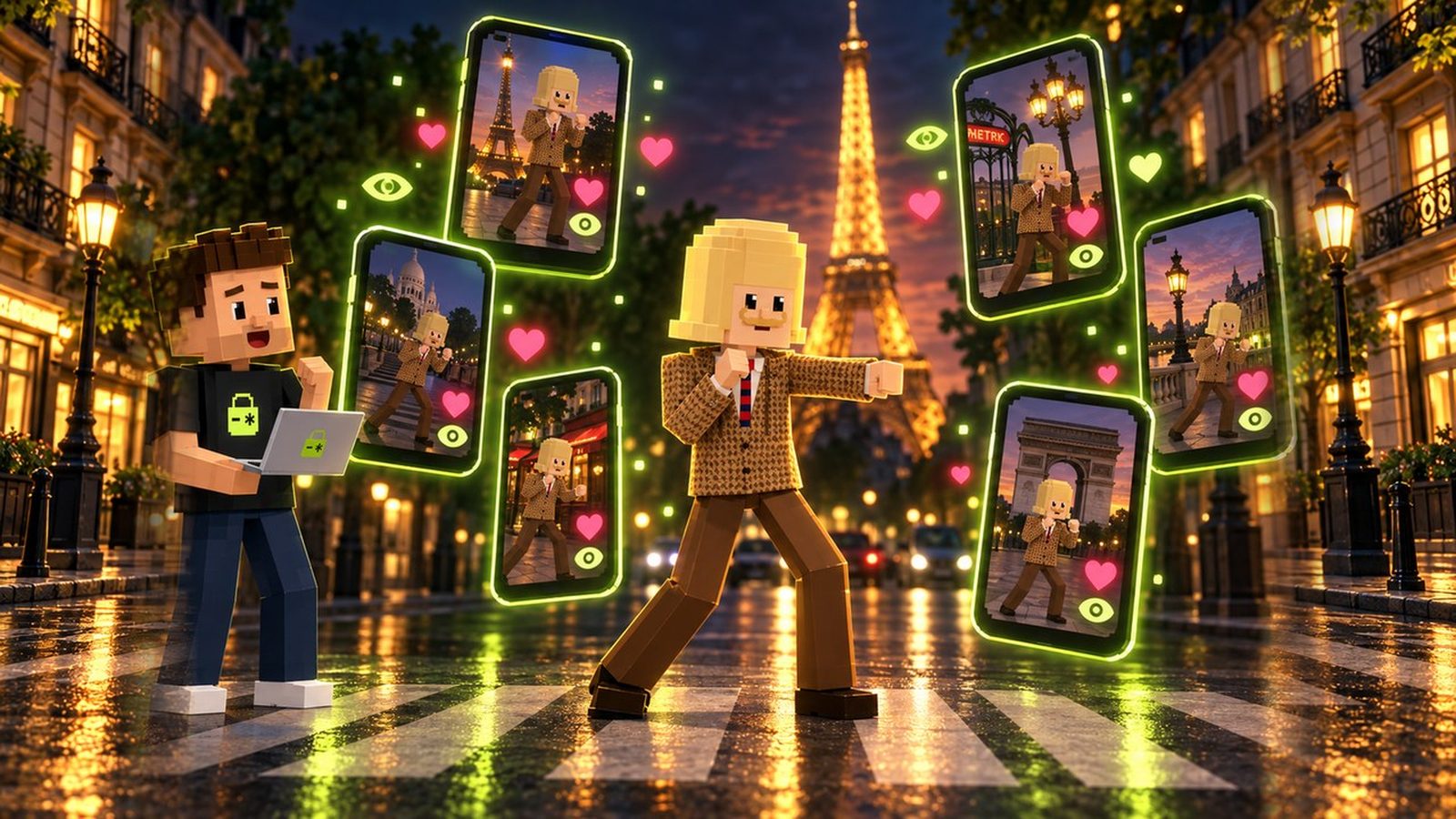 Voxel illustration: Jean Phil shadowboxes deadpan on a Paris zebra crossing at dusk, surrounded by floating phone screens showing him boxing at other Paris landmarks, with hearts and eye icons, while Aster watches from the side with his laptop.