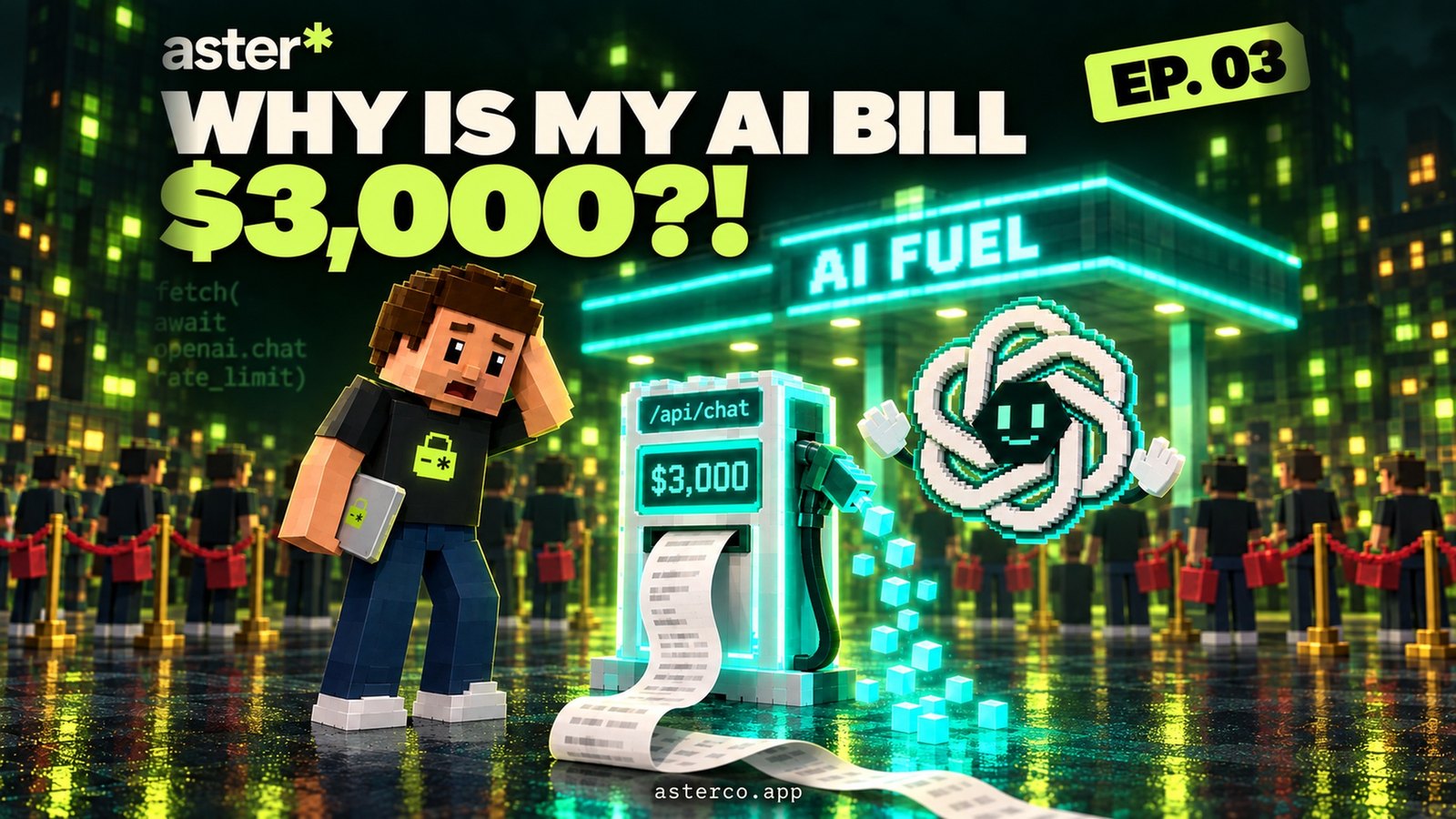 Aster looking at a huge AI bill next to ChatGPT at a gas station where a fuel pump has been left running with nobody at the counter.