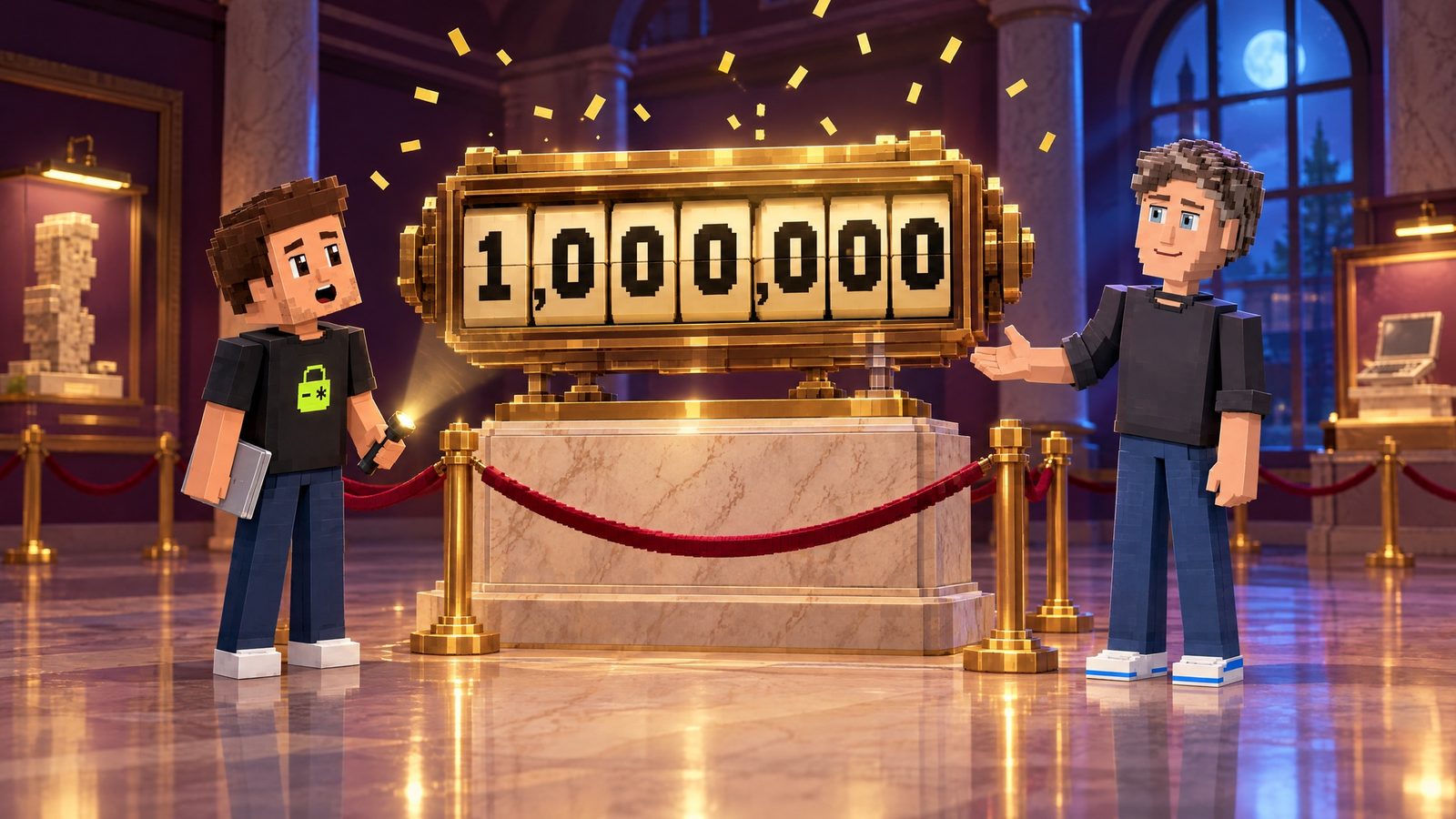 Illustration: a huge brass and cream flip counter on a marble pedestal reads 1,000,000 under falling gold confetti; Aster looks up at it with his mouth open, flashlight in one hand and his closed laptop in the other, the lime lock on his shirt visible; the voxel cartoon of Sam Altman presents it with one open hand and a modest smile.