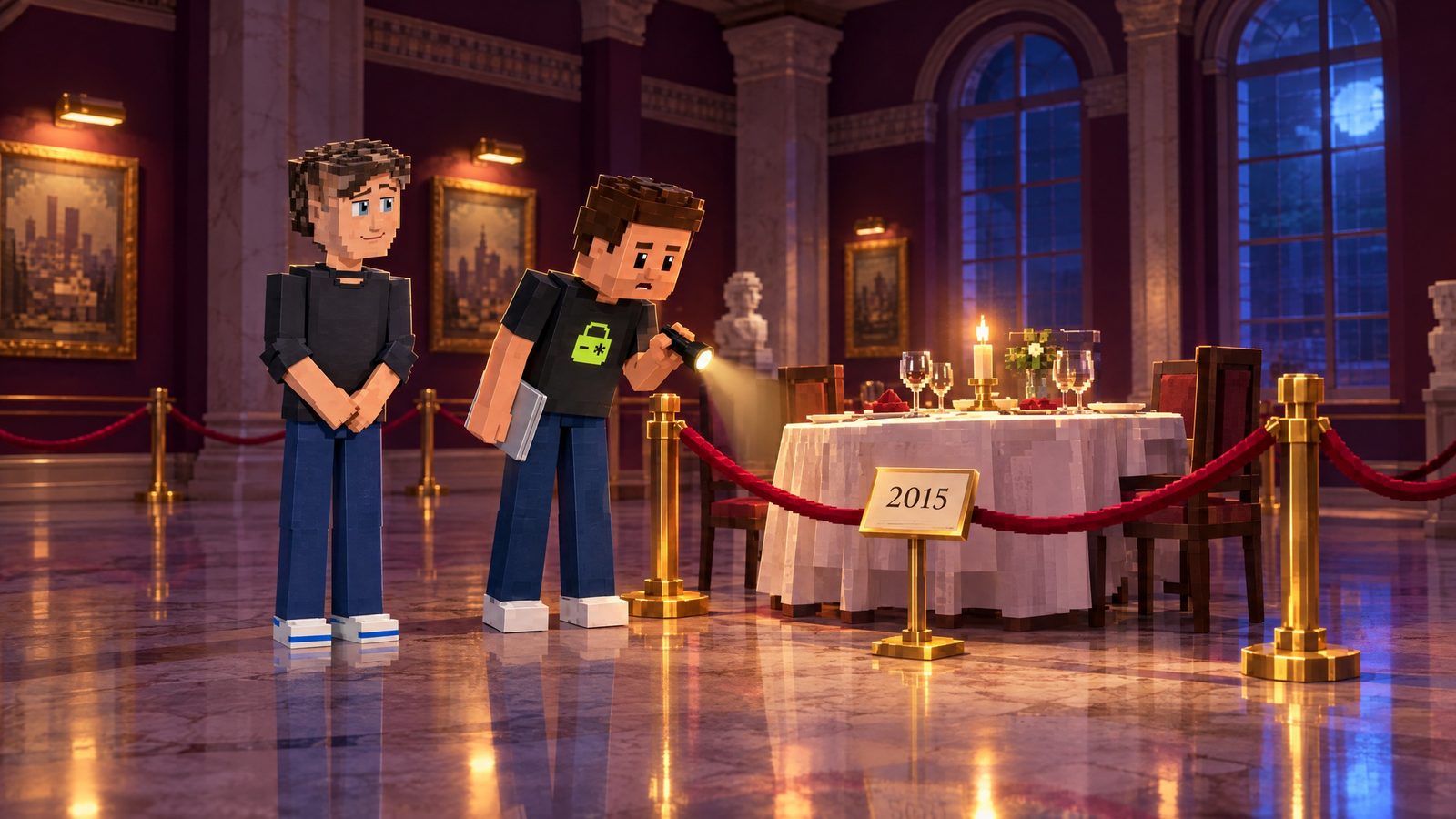 Illustration: behind a crimson velvet rope on brass posts, a small round dinner table with a white tablecloth, empty wine glasses, a lit candle and pulled-back chairs, a cream card on a brass stand reading 2015; Aster leans over the rope with his flashlight, curious, his closed laptop at his side and the lime lock on his shirt visible; the voxel cartoon of Sam Altman stands beside him with a small nostalgic smile and his hands clasped in front.